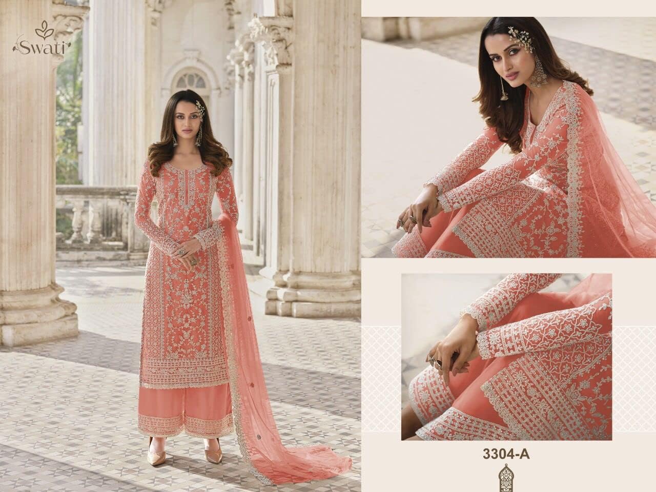 Women's Embroidered Salwar Kameez Suit Palazzo with Dupatta Peach
