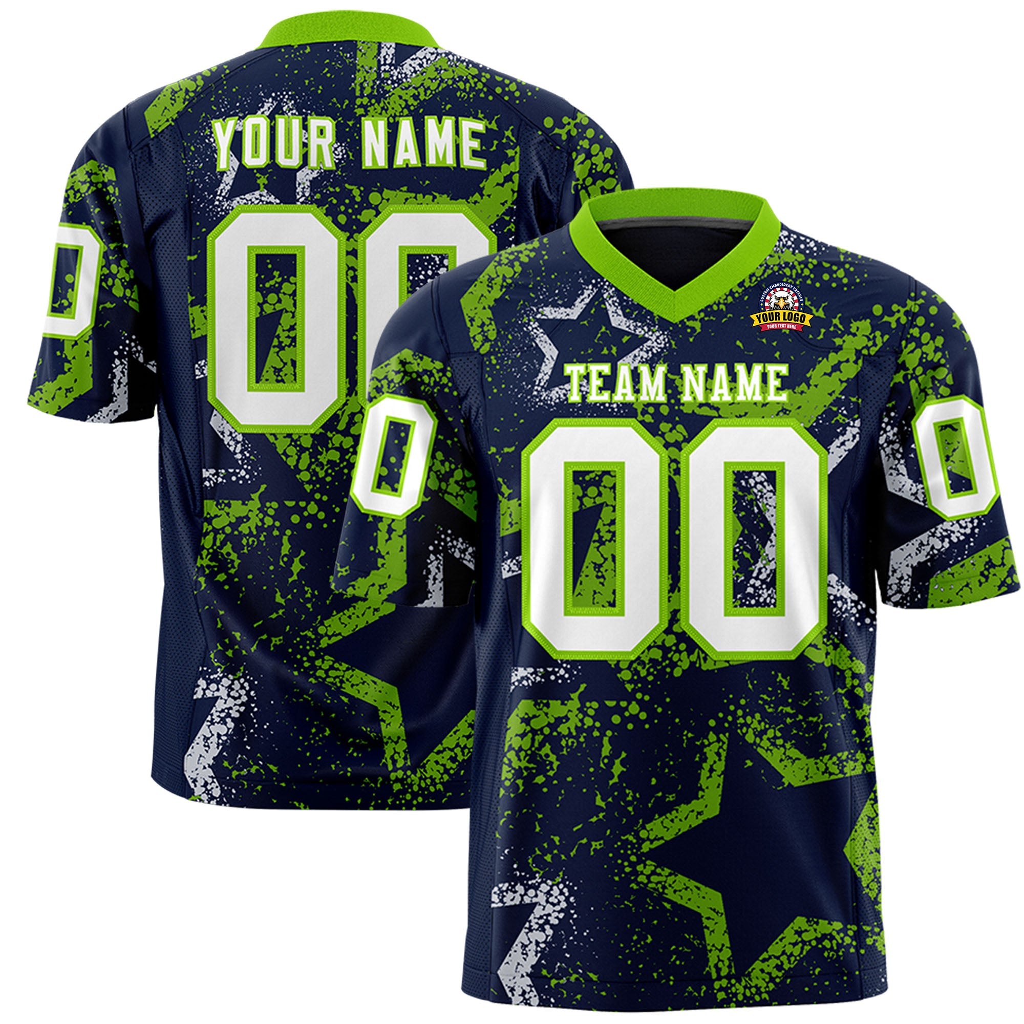 Benutzerdefiniertes neongrün-weißes personalisiertes Stern-Graffiti-Muster, authentisches Fußballtrikot