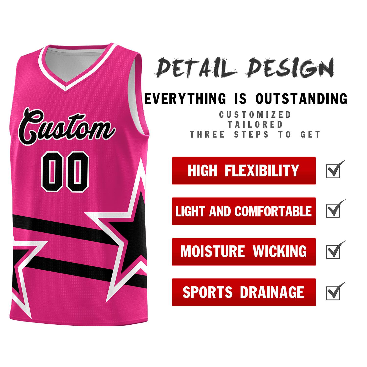 Benutzerdefinierte rosarote Basketball-Kits mit schwarzem Sternmuster und doppelten Linien