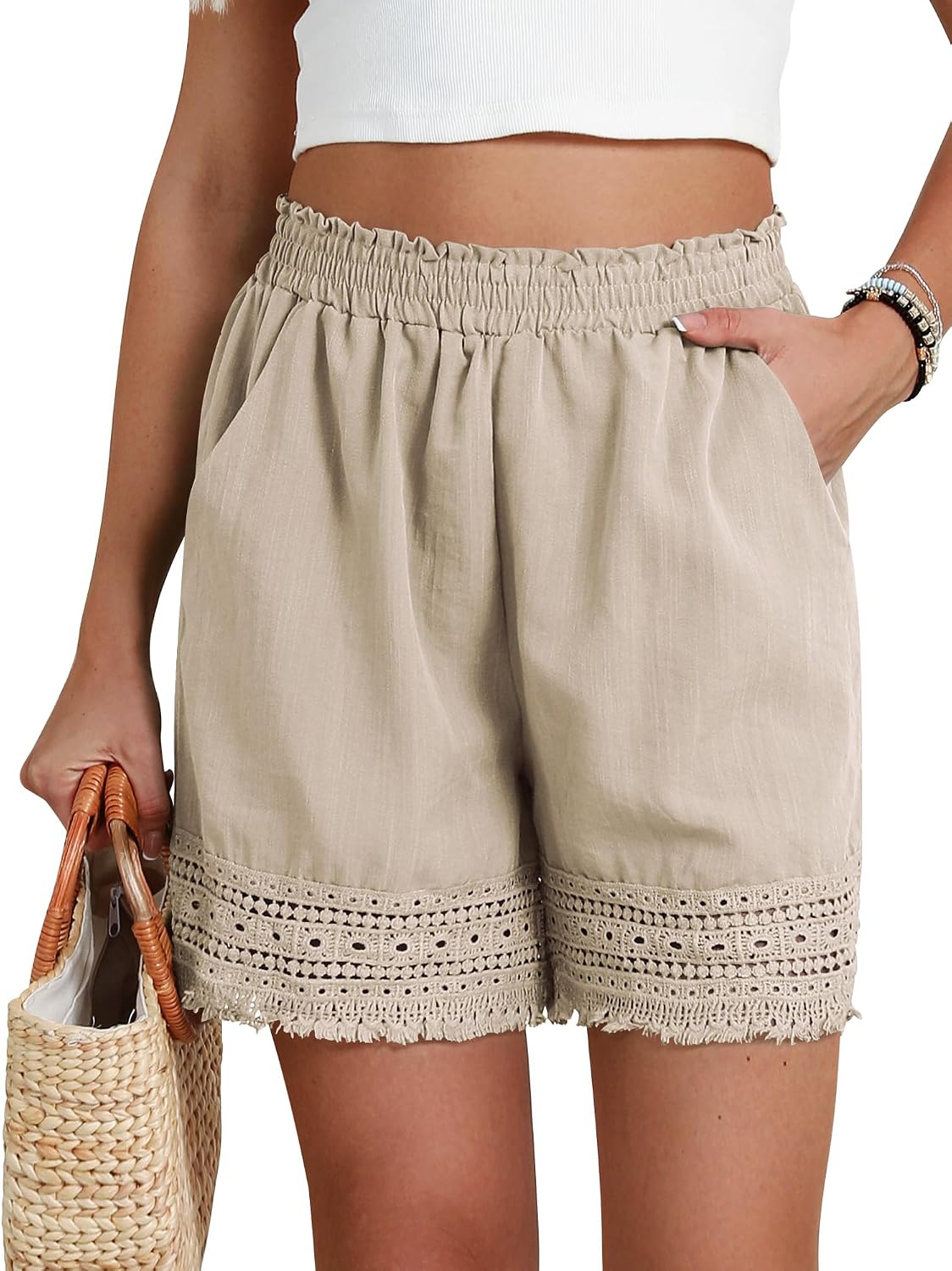 Women's Casual Elastic Waist Lounge Shorts Stretch Lace Trim Summer Beach Linen Ruffle