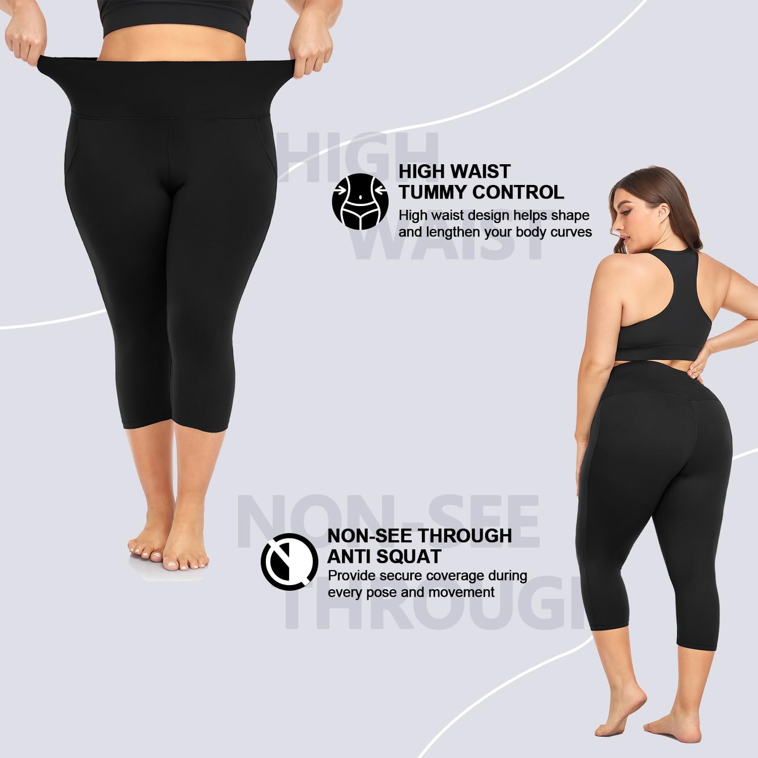 Plus Size Capri Leggings for Women- XL-4XL High Waist Tummy Control Stretchy Workout Yoga Pants Capris