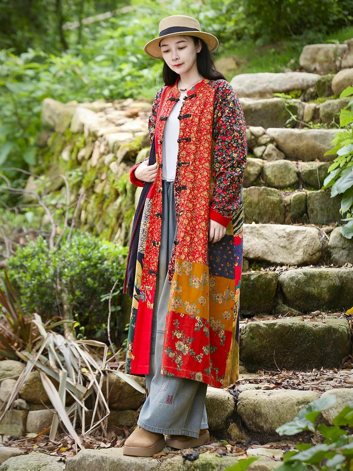 Women\u2018s Patchwork Trench Coat - Floral Cotton Linen Long Jacket Cottagecore Bohemian Outerwear