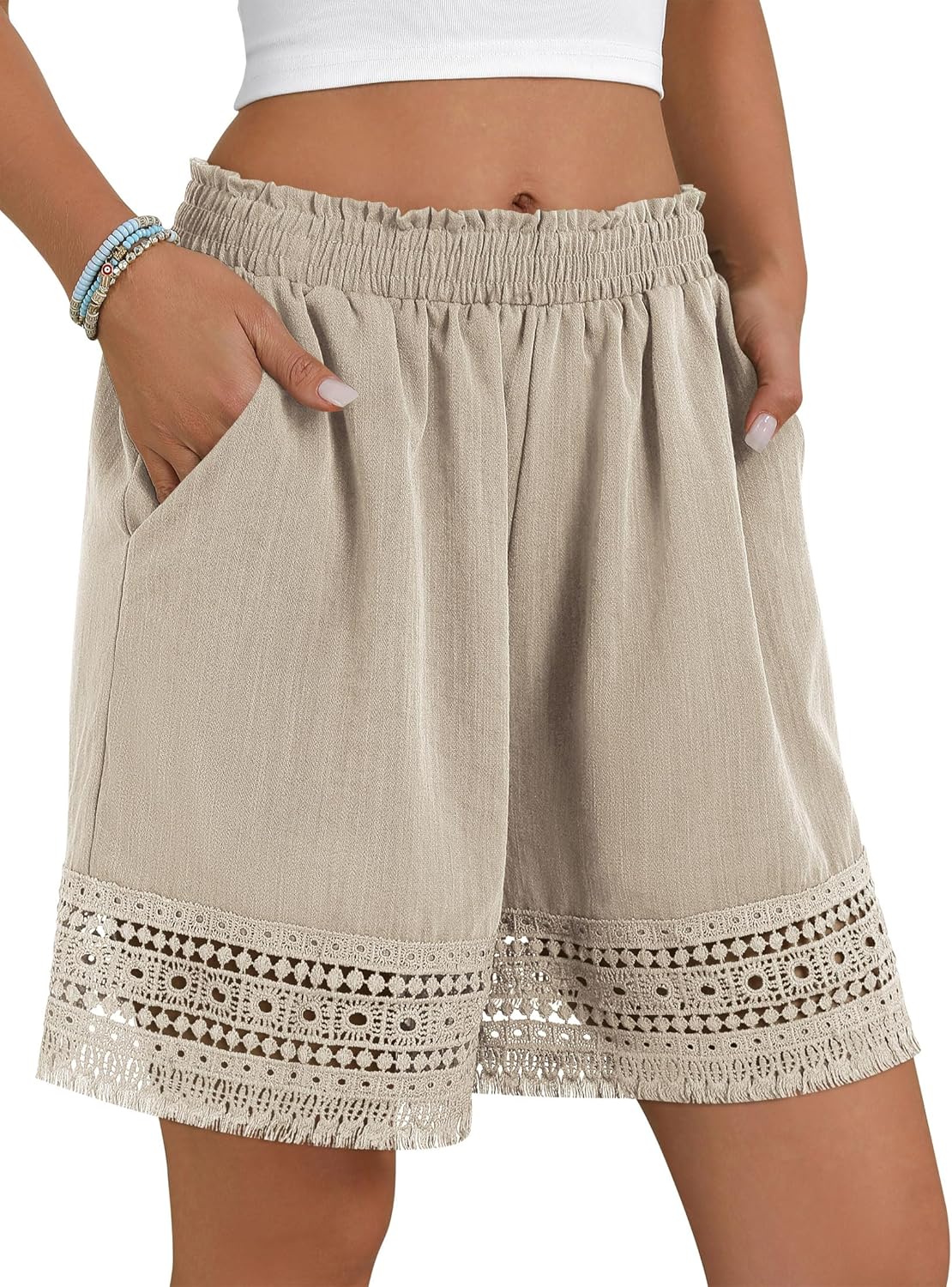 Women's Casual Elastic Waist Lounge Shorts Stretch Lace Trim Summer Beach Linen Ruffle