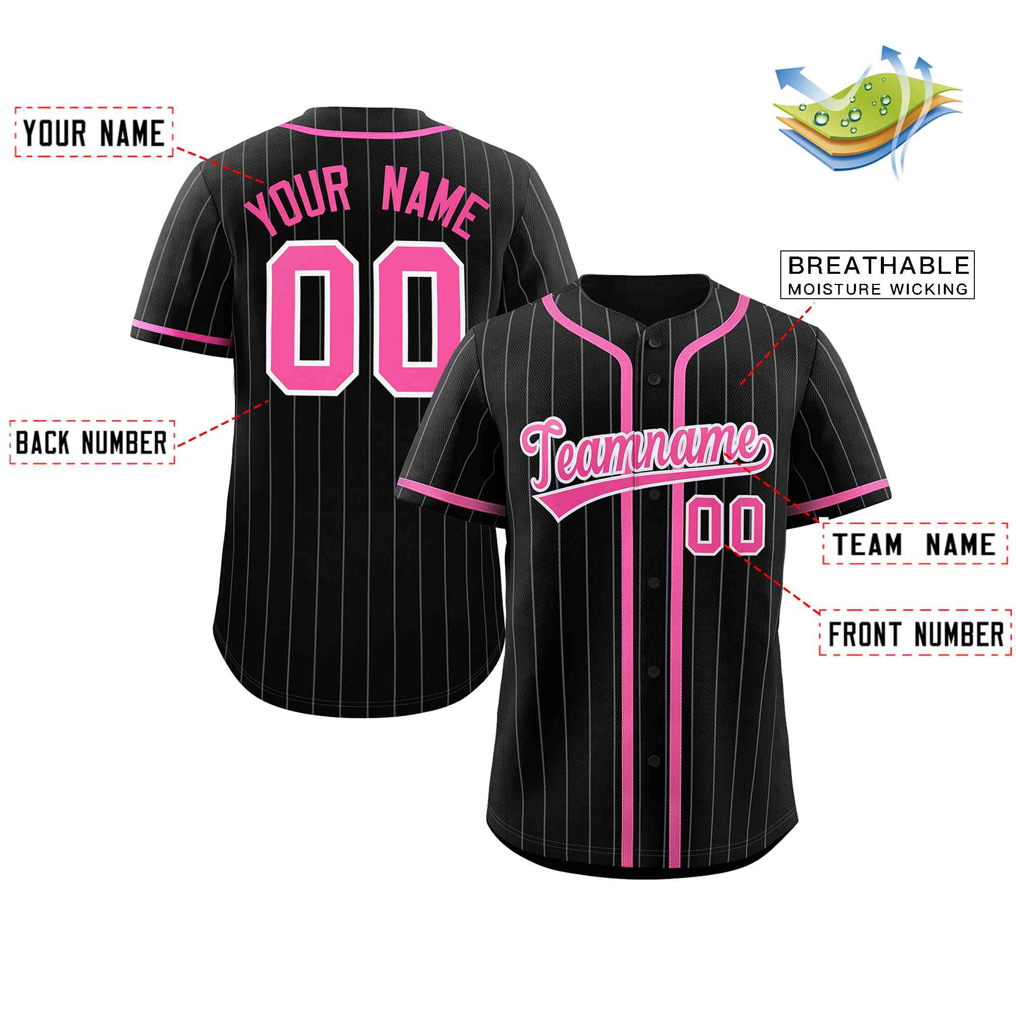 Benutzerdefiniertes authentisches Baseball-Trikot mit schwarzen, rosa und hellgrauen Streifen, modischem Design und durchgehenden Knöpfen