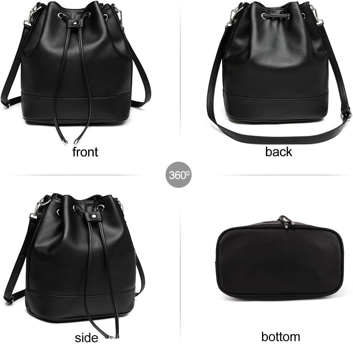 Women's Vegan Leather Bucket Tote Bag Black