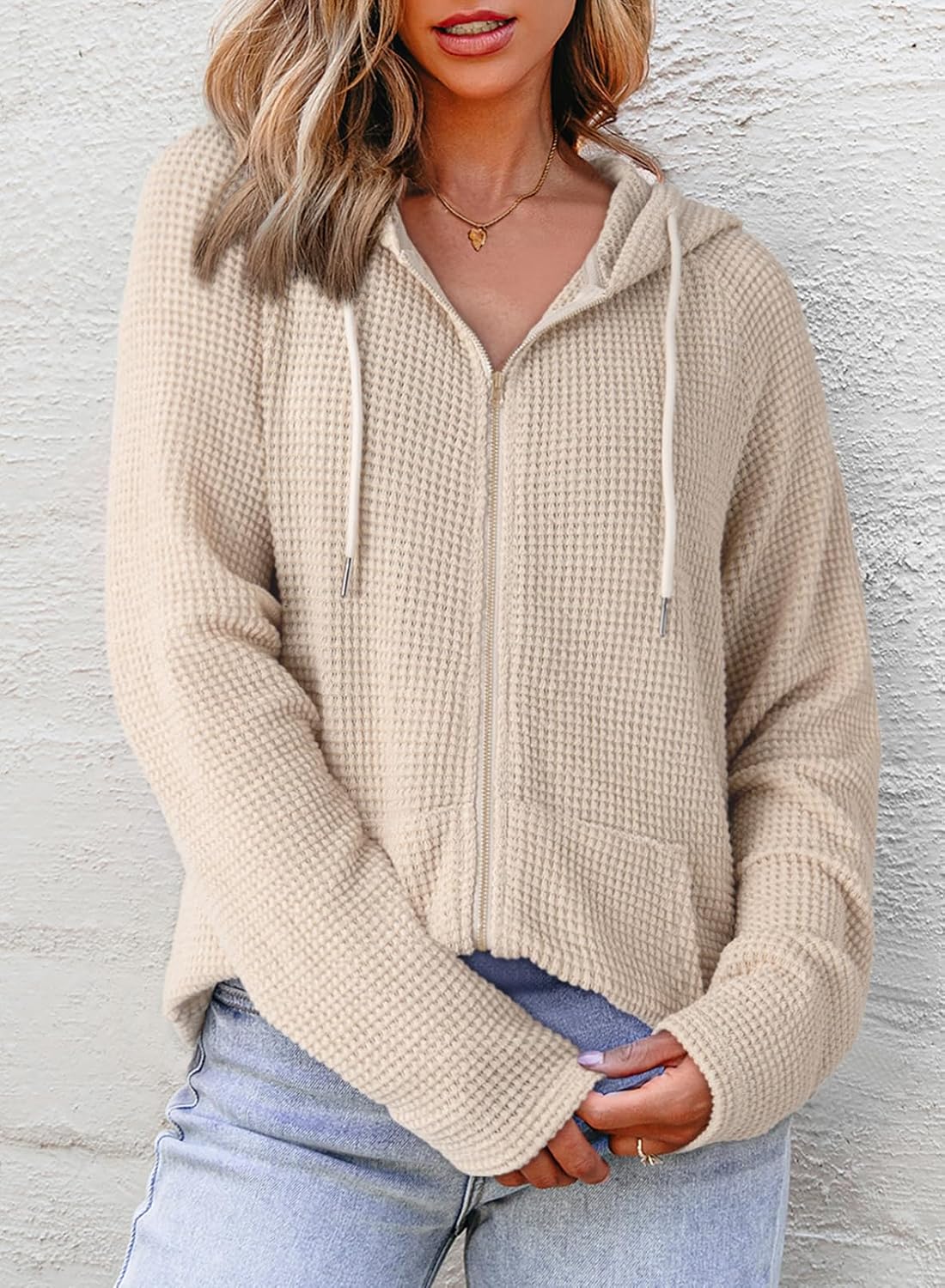 Women's Full Zip Up Hoodies Waffle Knit Long Sleeve Drawstring Casual Sweatshirt Hooded Tops