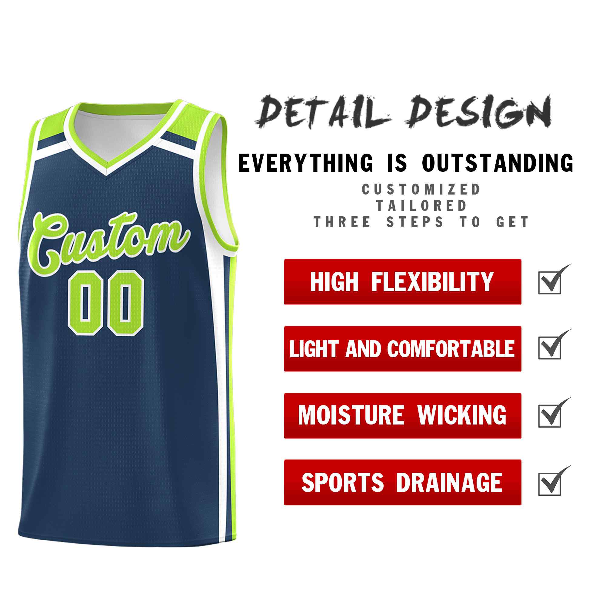 Benutzerdefiniertes Mitternachtsblau, Neongrün, Weiß, trendige Farbe, Charge-Serie, Sportuniform-Basketballtrikot
