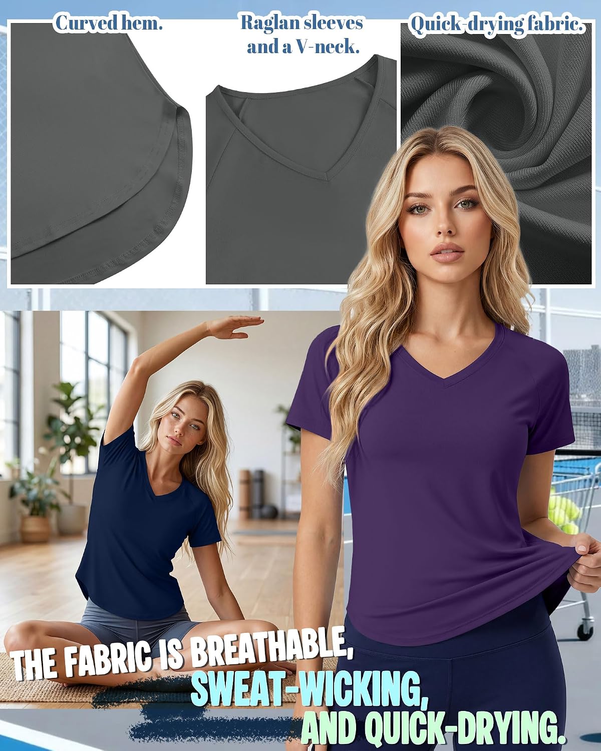 Women's 3 Pack Quick Dry V Neck Athletic T-Shirts
