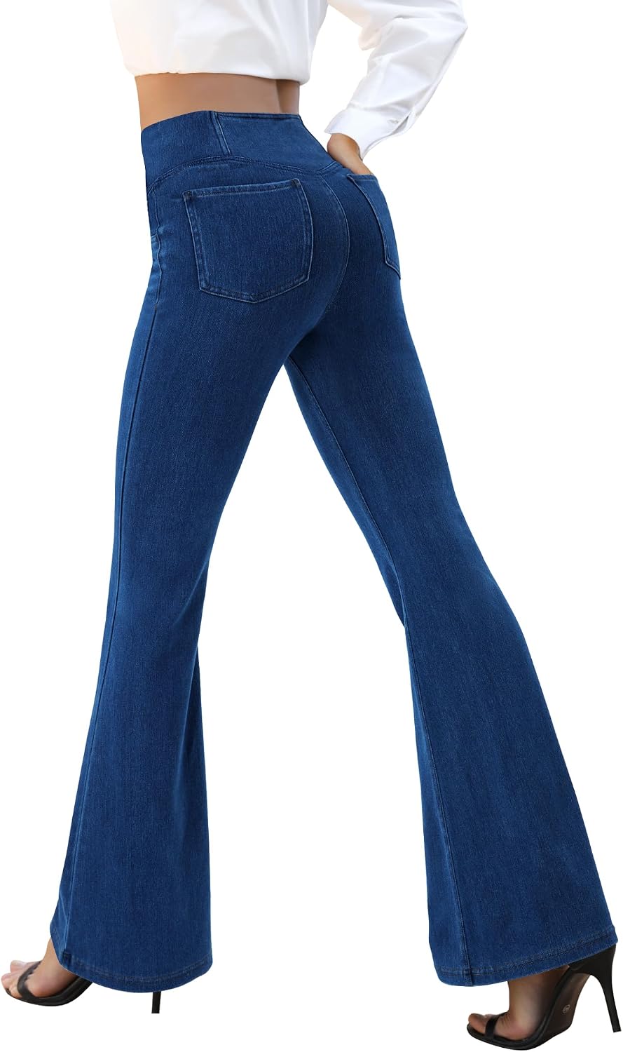 Women's Crossover Waist Flare Leggings Dark Blue Pockets