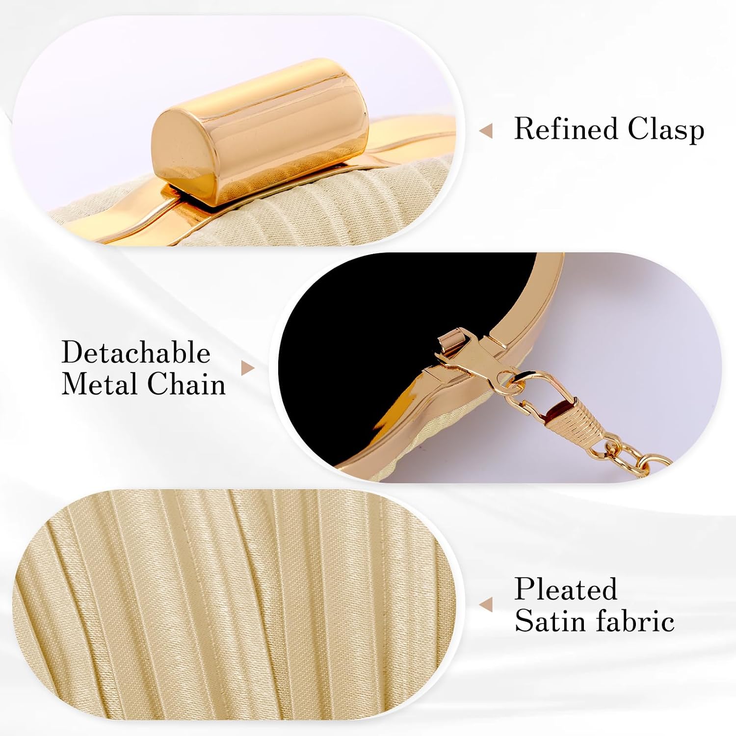 Women's Ivory Pleated Shell Clutch with Gold Chain