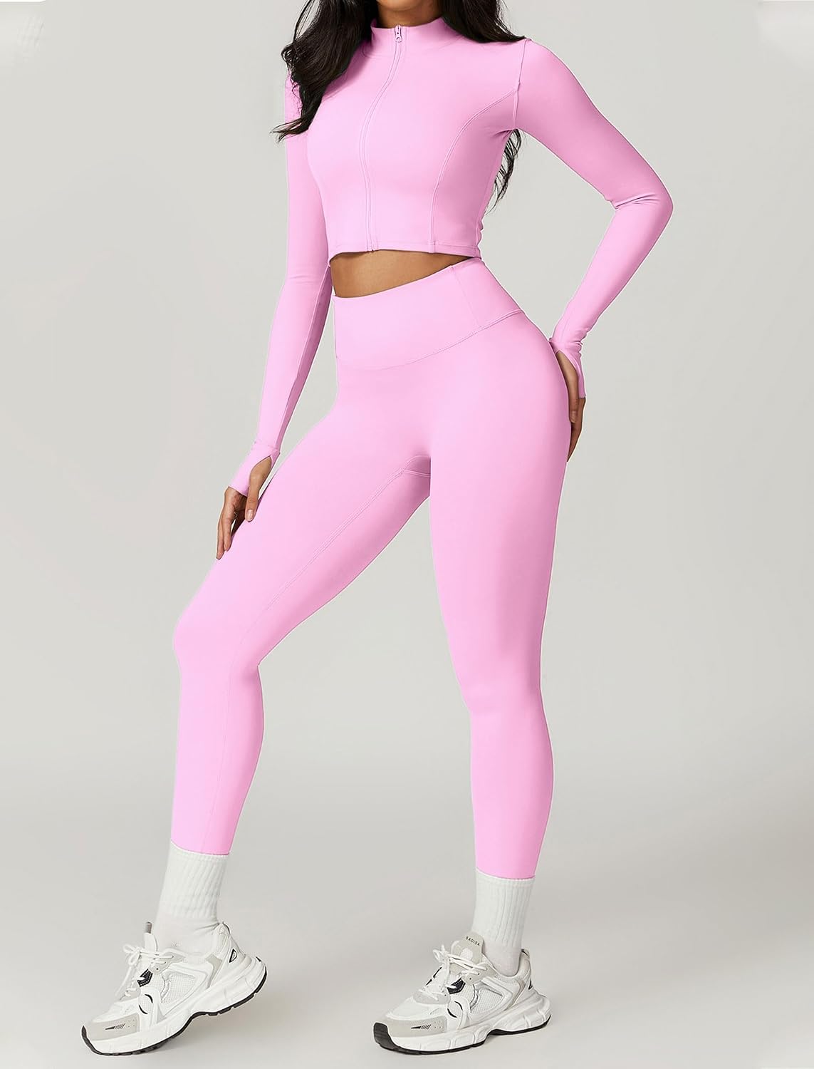 Workout Sets for Women 3 Piece Long Sleeve Zip Up Jacket Crop Top High Waisted Yoga Leggings Gym Athletic Sets
