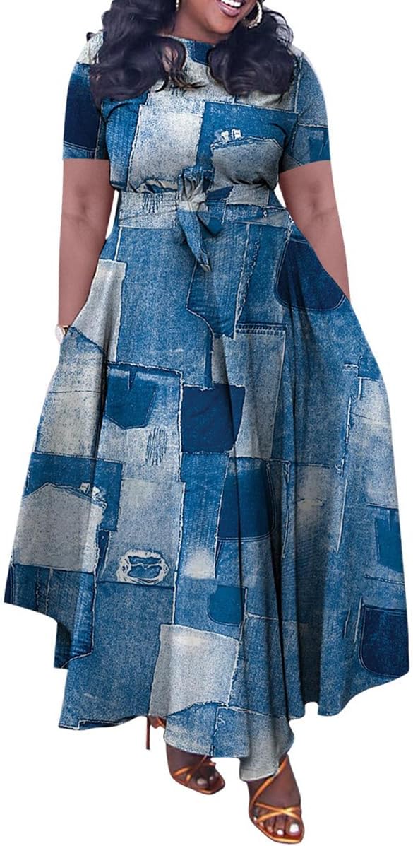 Plus Size Dress A Line Dresses for Women Summer Long with Sleeve Casual Belted