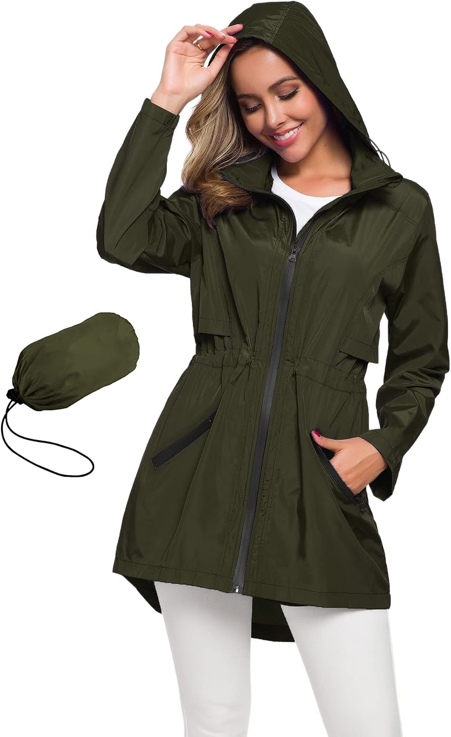 Women's Packable Long Rain Jacket Hooded Waterproof Army Green