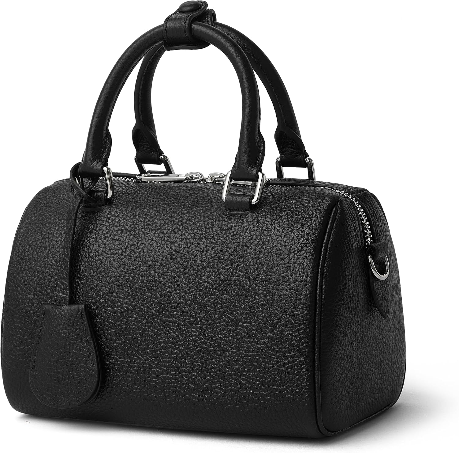 Women's Pebbled Leather Boston Handbag with Tassel, Black