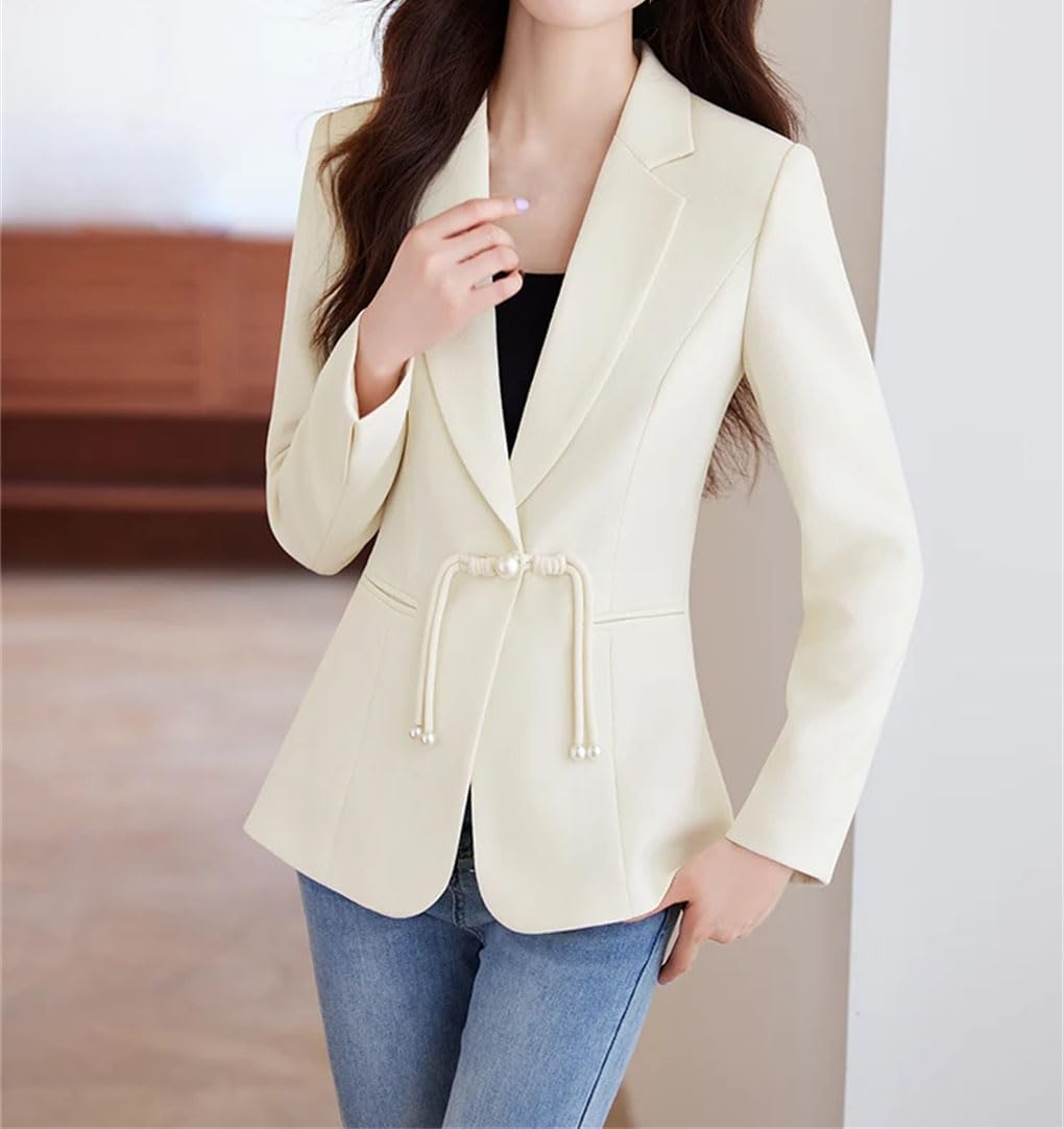 Solid Color Casual Fit Lapel Pearl Tassel Stitching Women's Blazer