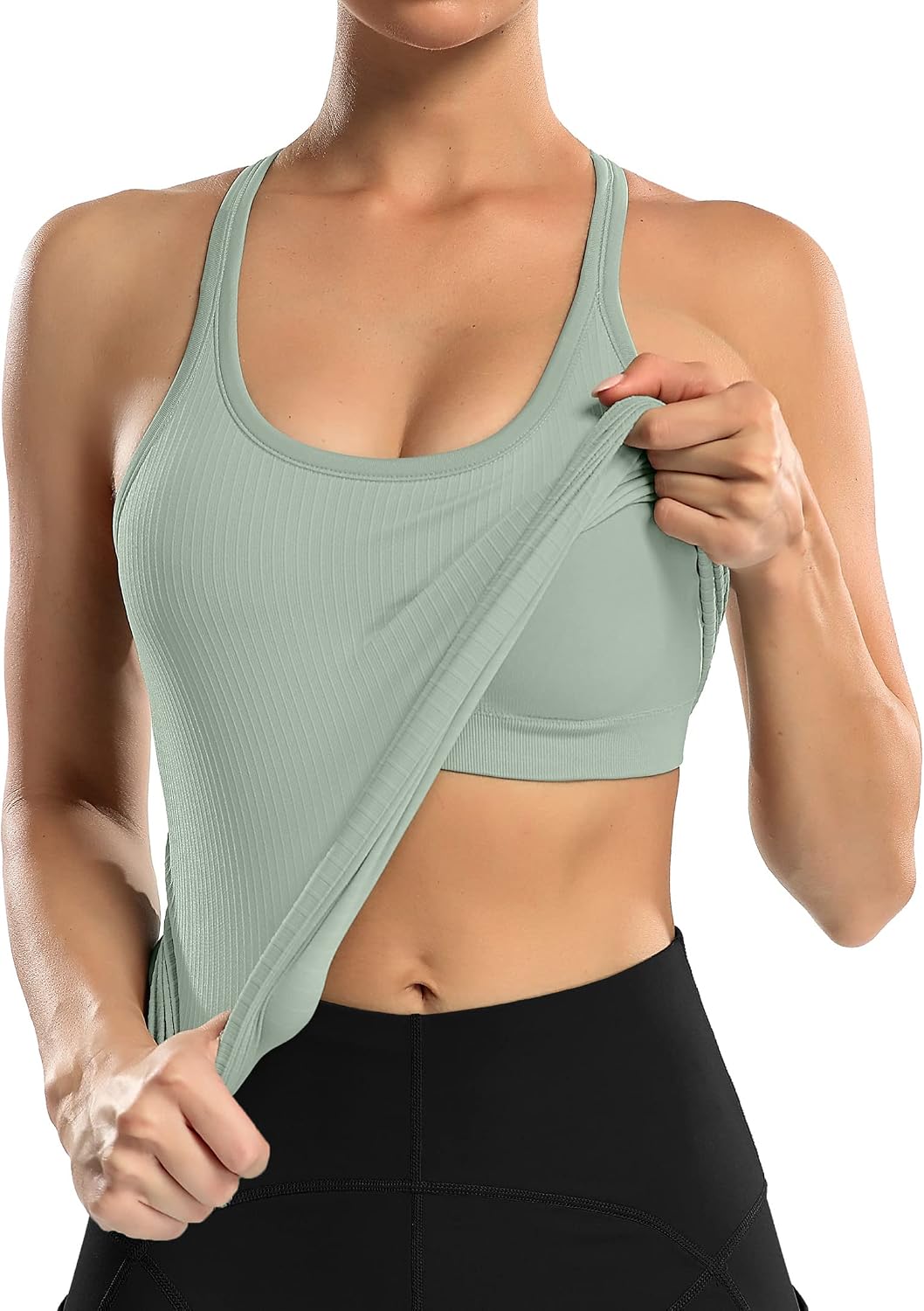 Women's Ribbed Racerback Workout Tank with Bra Sage Green
