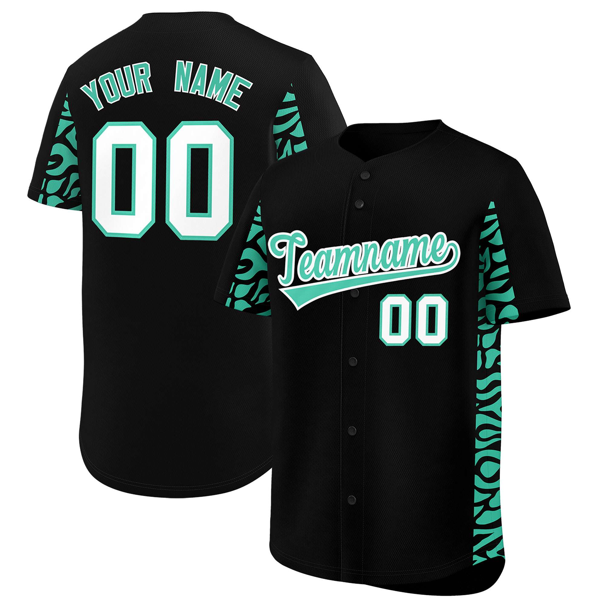 Benutzerdefiniertes, leuchtend grünes, personalisiertes Leoparden-Graffiti-Muster auf der Seite, authentisches Baseball-Trikot