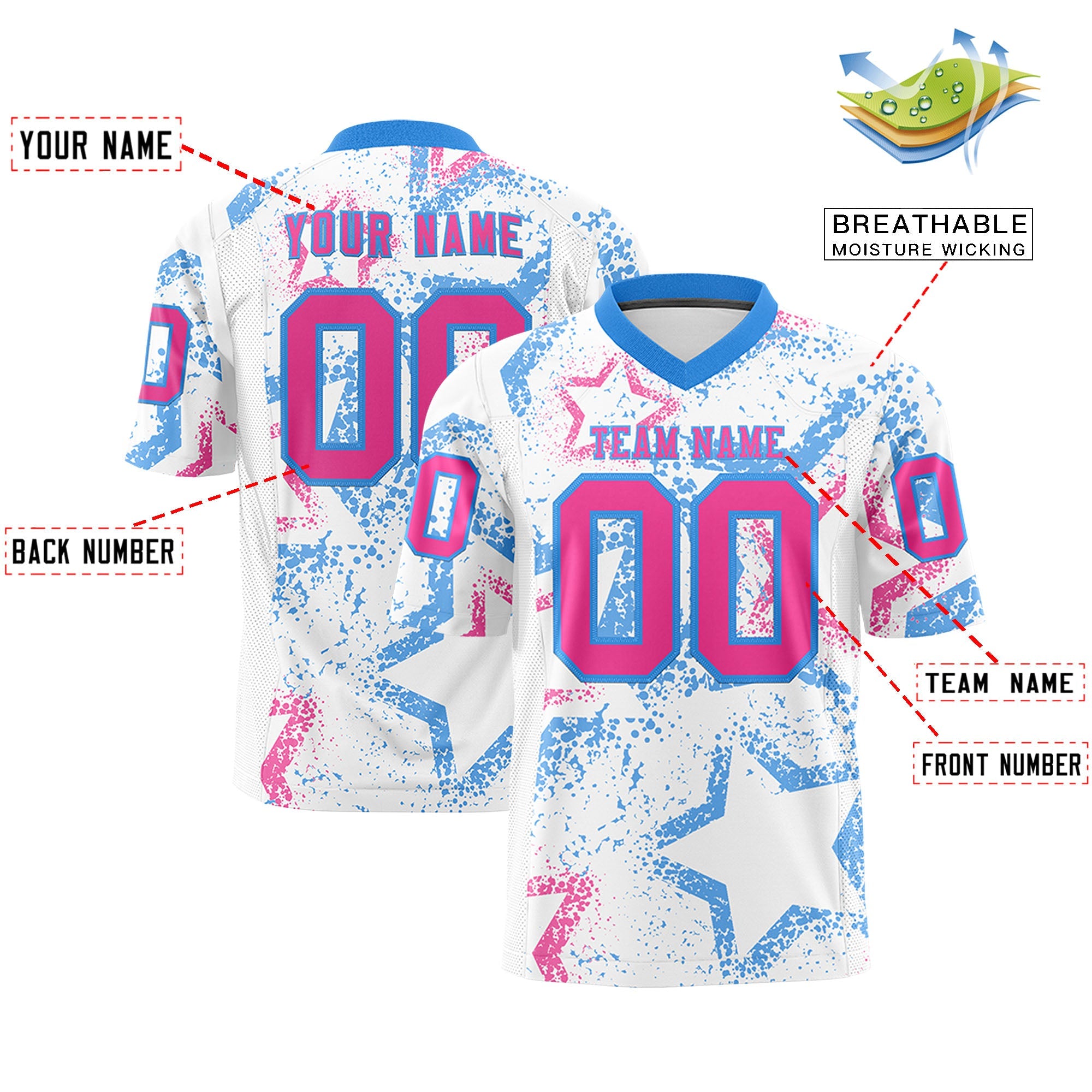 Benutzerdefiniertes weißes, puderblau-rosa, personalisiertes, authentisches Fußballtrikot mit Stern-Graffiti-Muster