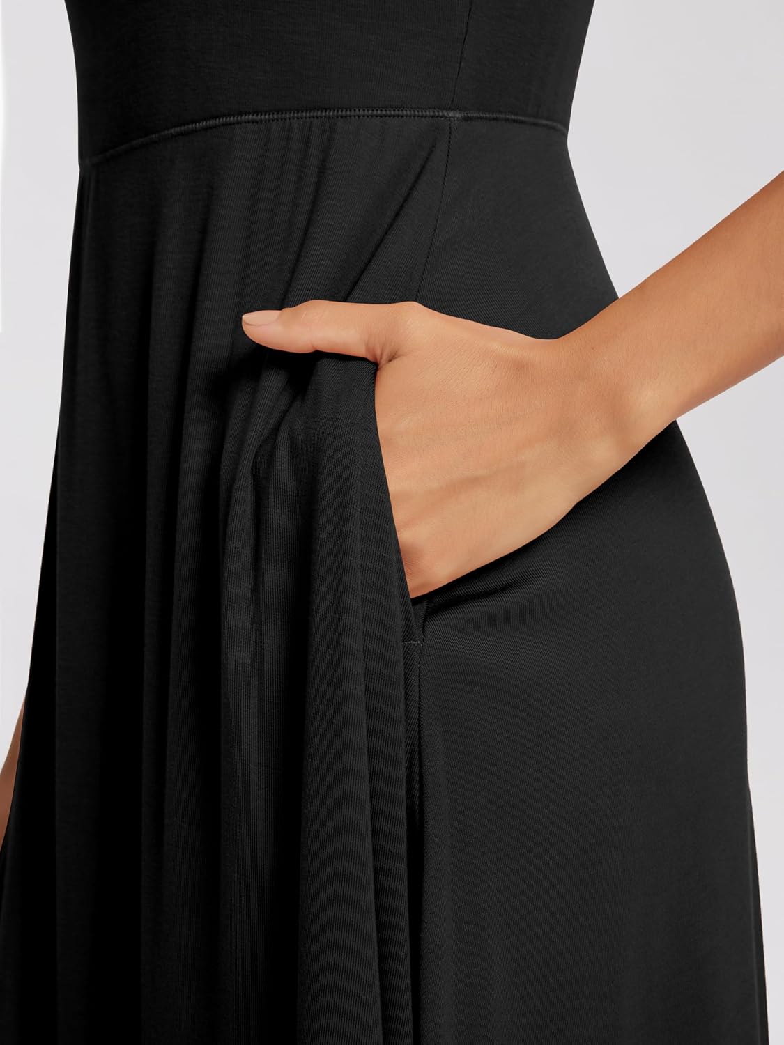 Women's Square Neck Midi Dress Flare Black with Pockets