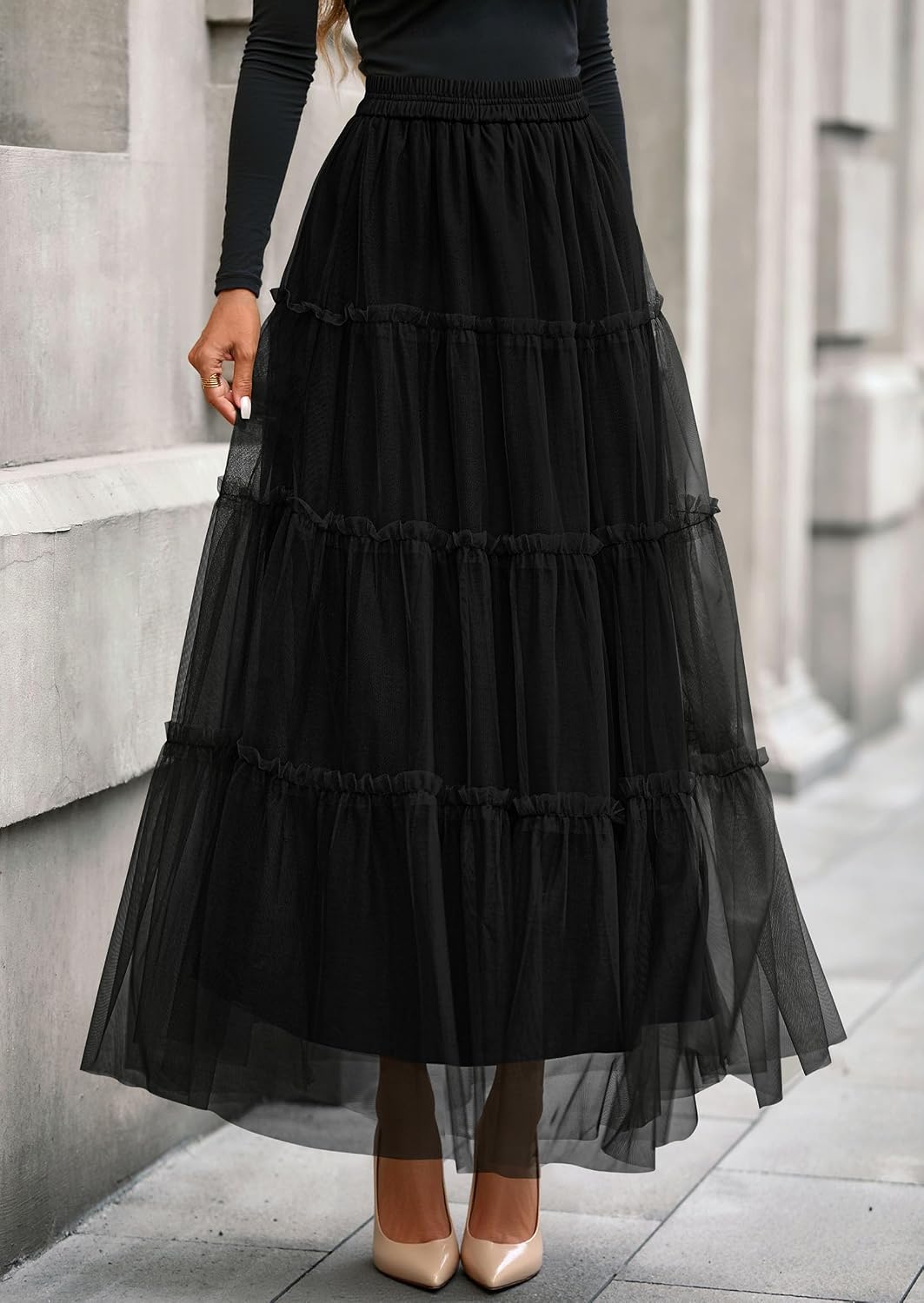 Women's Tulle Tiered Maxi Skirt Elastic Waist Black