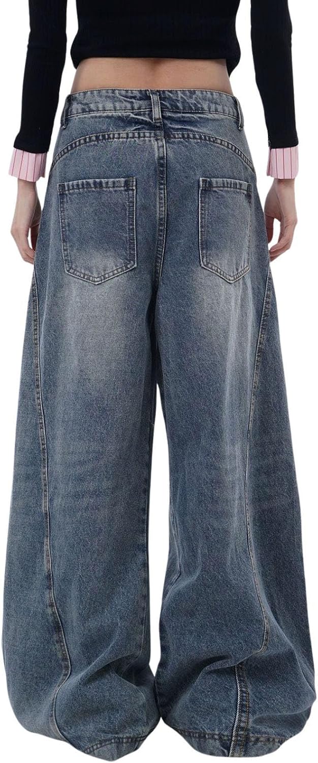 Women's Low Rise Baggy Barrel Jeans Mid Wash