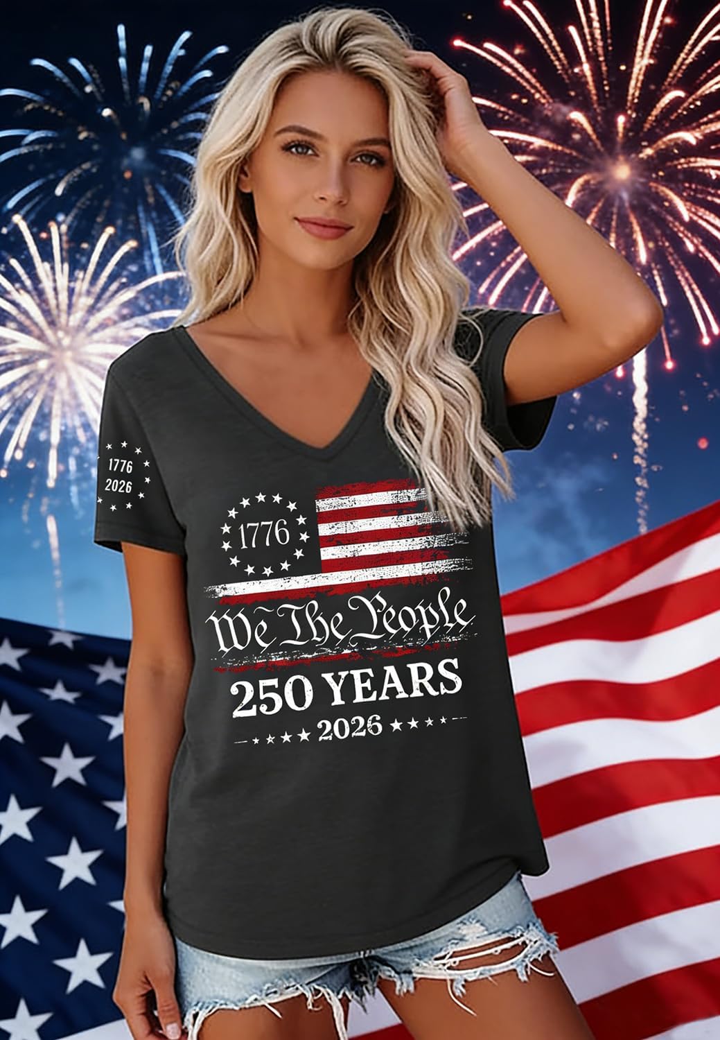 Women's American Flag Graphic V Neck T-Shirt Gray