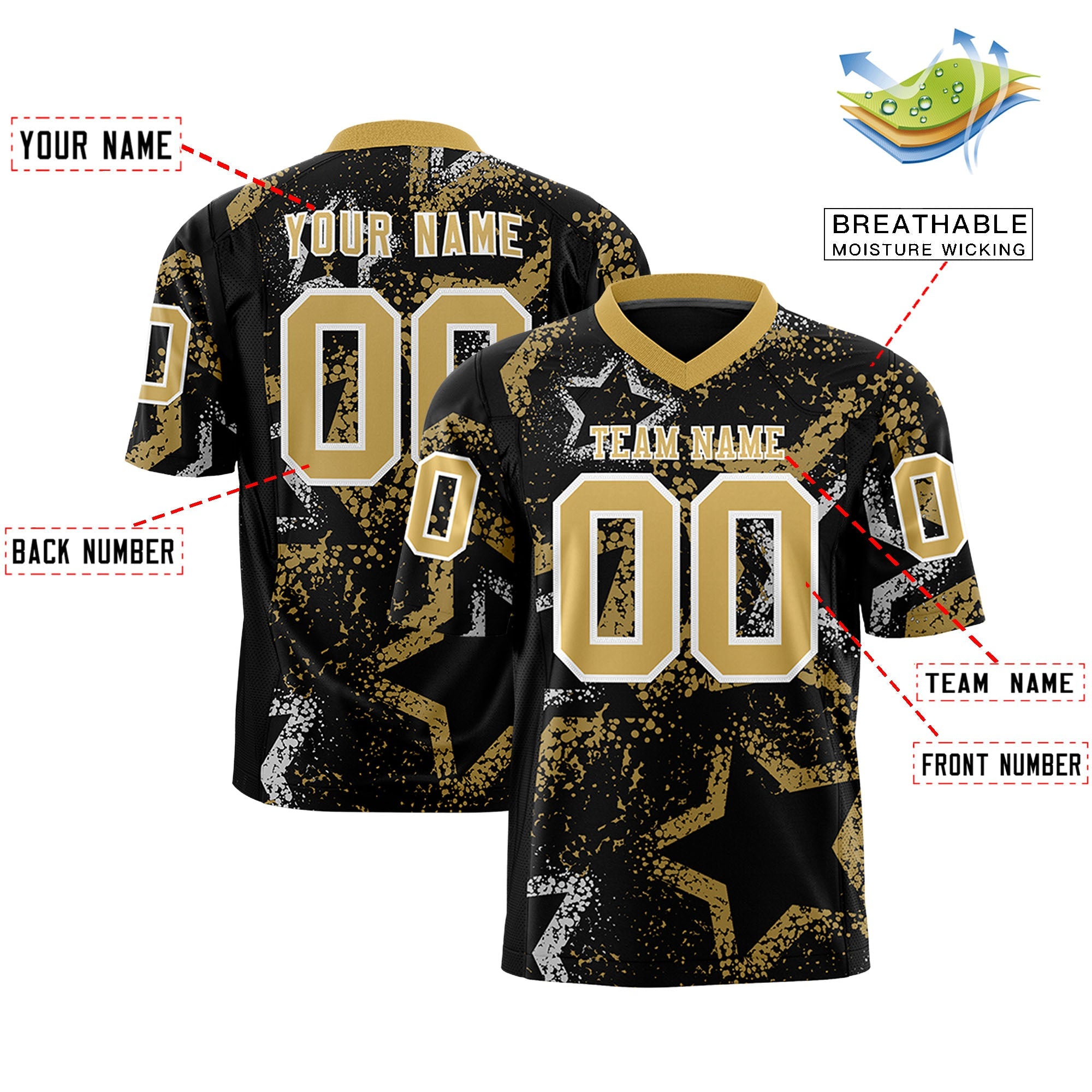 Benutzerdefiniertes, personalisiertes Star-Graffiti-Muster in Schwarz, Altgold und Weiß, authentisches Fußballtrikot