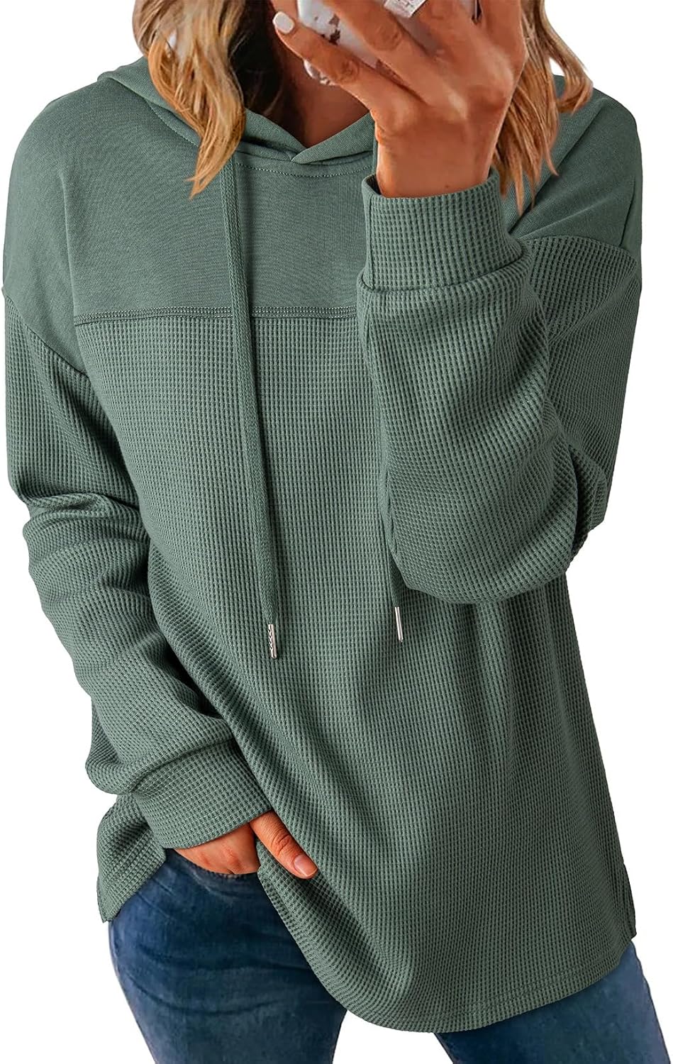 Womens Hoodies Casual Waffle Knit Long Sleeve Drawstring Pullover Sweatshirts Hooded Tops