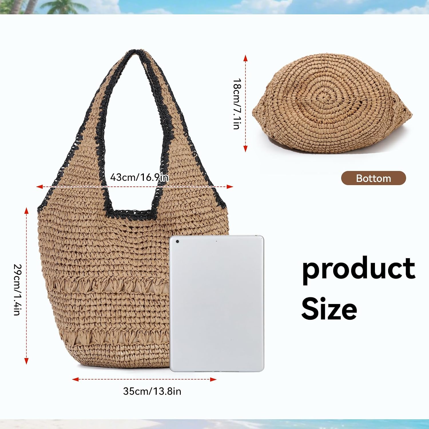 Women's Two-Tone Straw Tote Bag Beige Black Women's Two-Tone Straw Tote Bag Beige Black