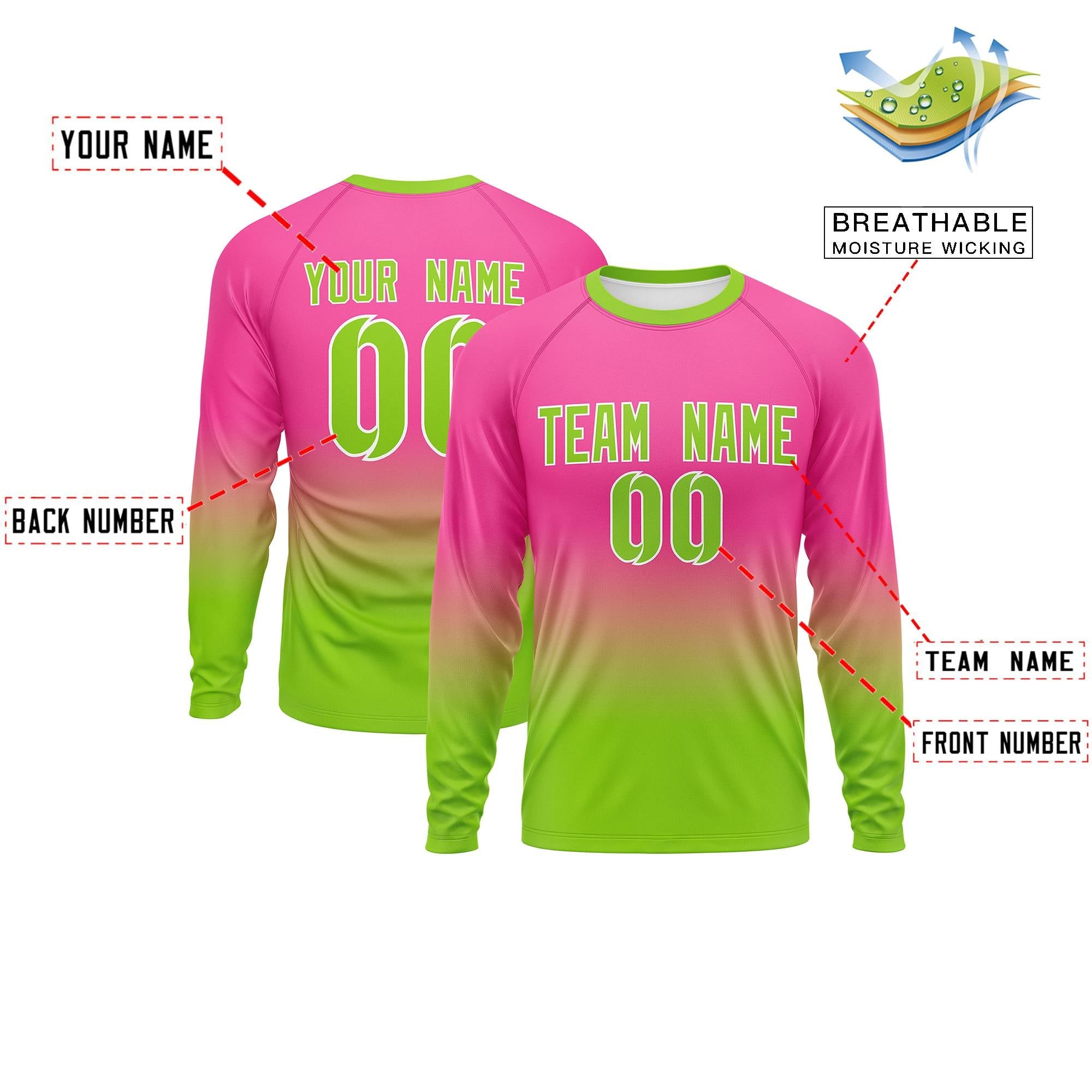 Benutzerdefiniertes Langarm-Performance-T-Shirt mit Farbverlauf in Pink und Neongrün mit modischem Design