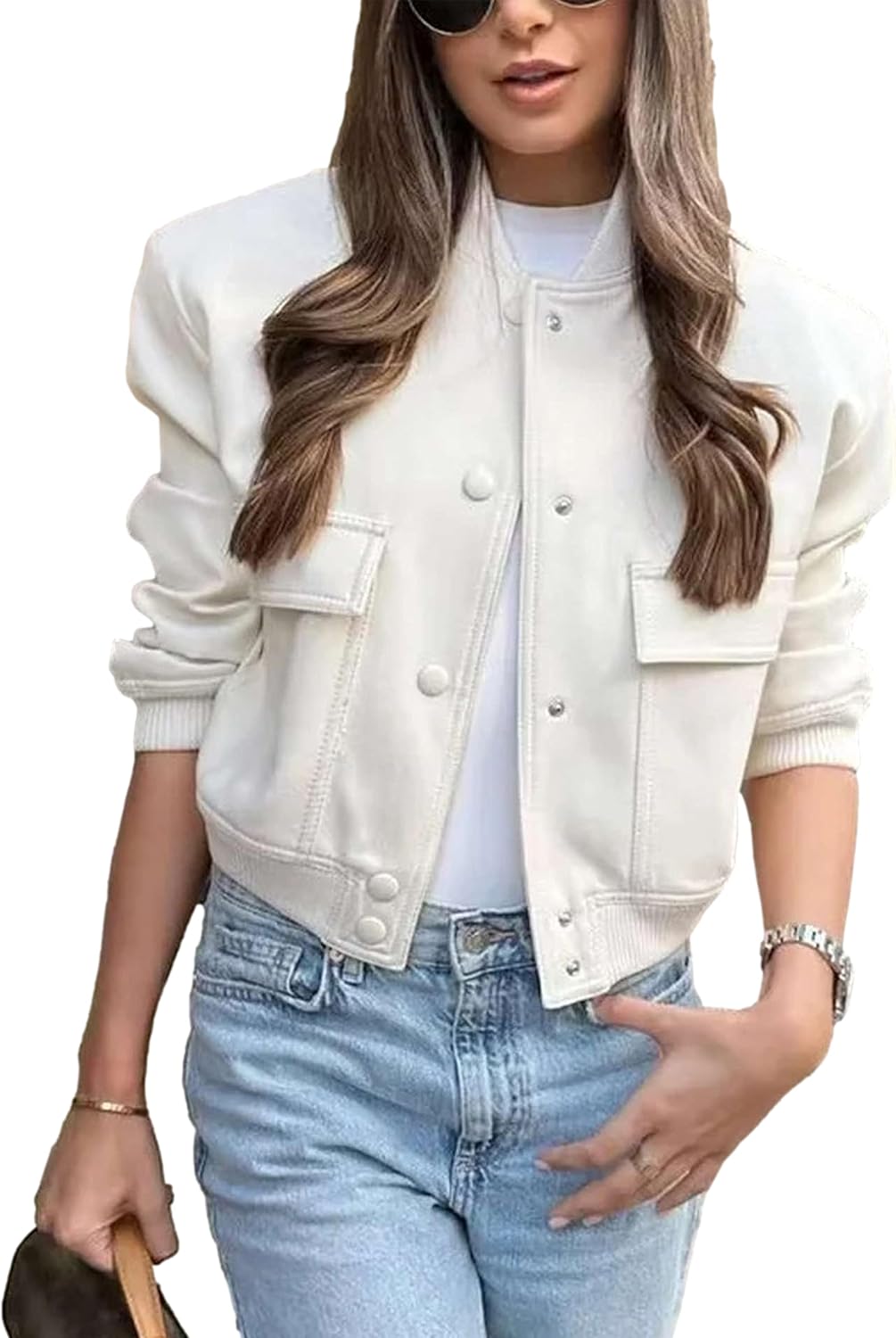 Womens Cropped Bomber Jacket Button Down Varsity Jackets Shackets with Pockets