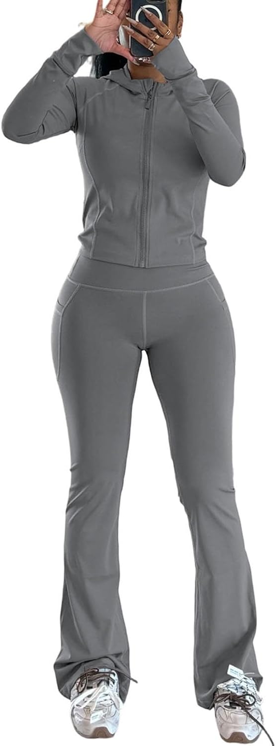 Women 2 Piece Workout Sets Long Sleeve Jacket Flare Yoga Pants Sets Tracksuit With Pockets