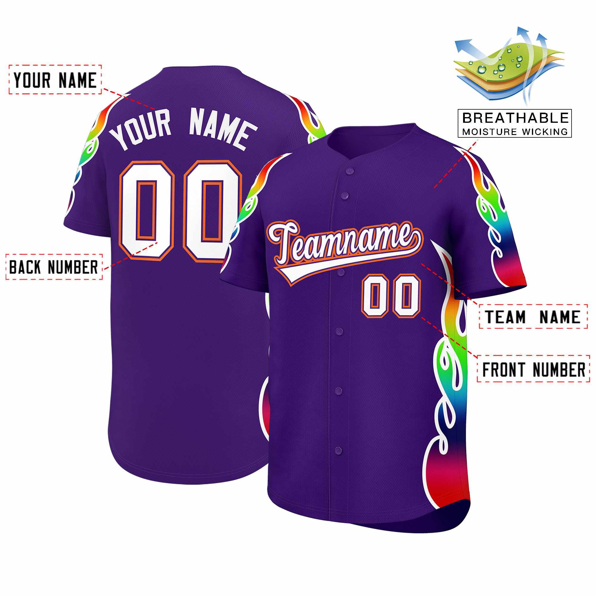Benutzerdefiniertes Graffiti-Muster, personalisierter mehrfarbiger Flammendruck, authentisches Baseball-Trikot