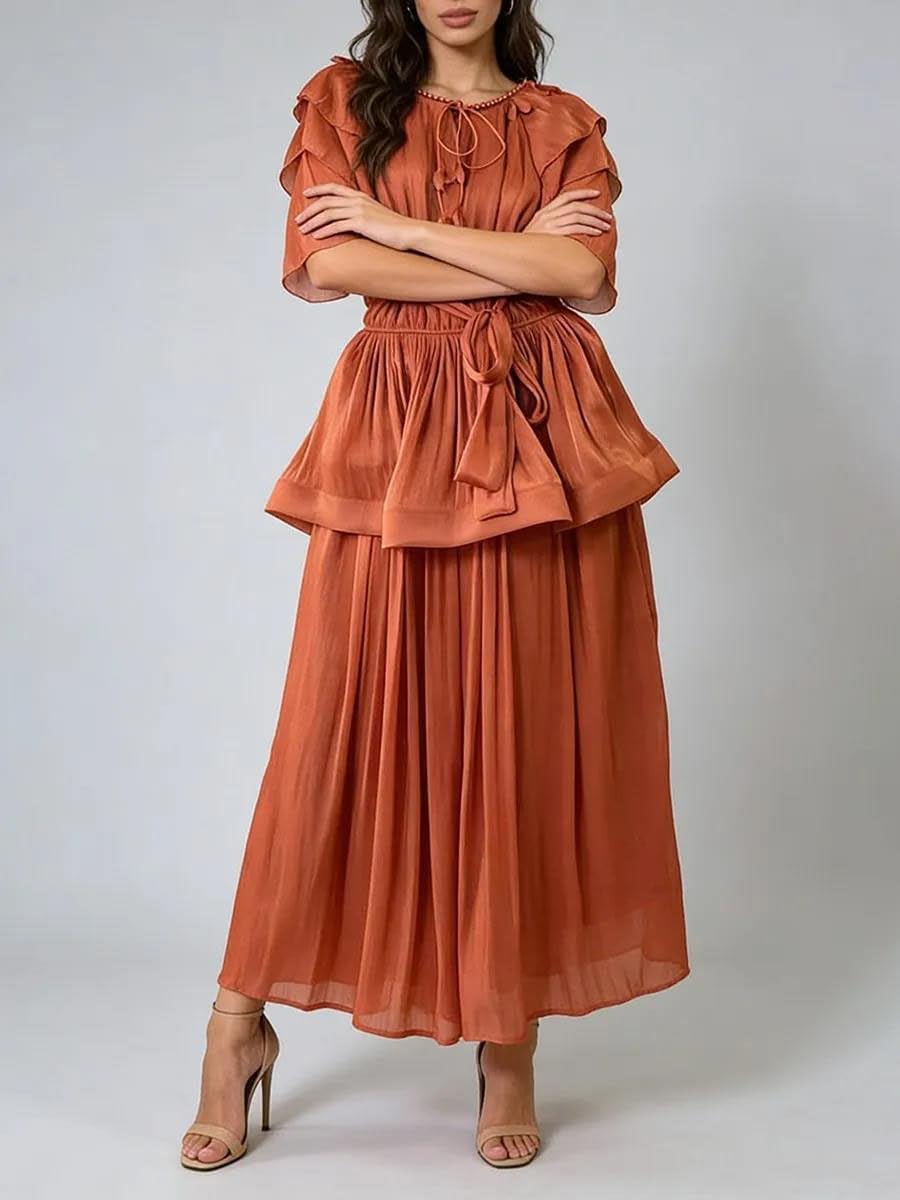 Women's Tiered Maxi Dress Flutter Sleeve Tie Waist Rust