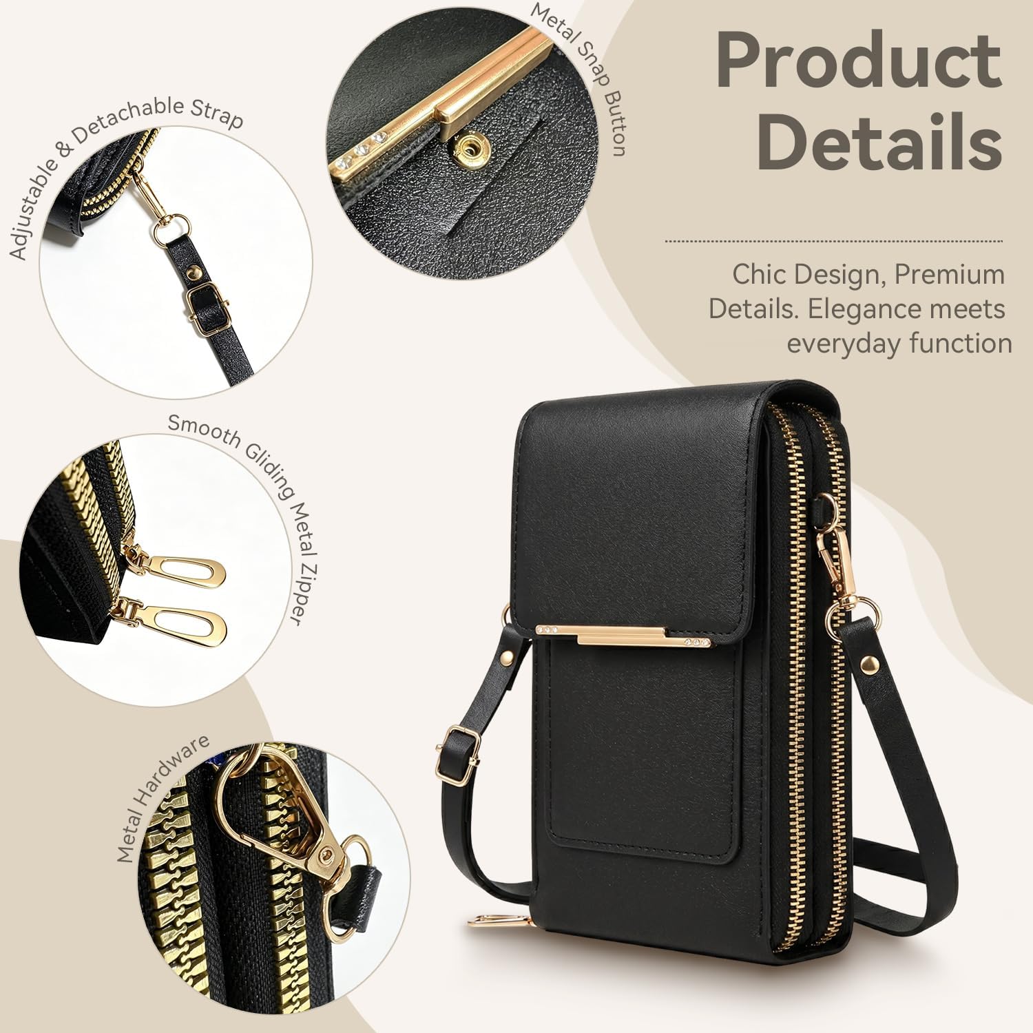 Women's PU Leather Phone Crossbody Bag Touchscreen Purse Black