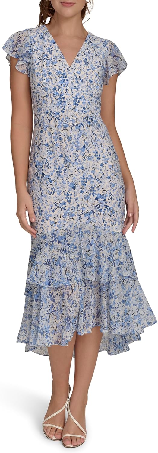 Women's Flutter Sleeve V-Neck Ruffle Trim Hi-Lo Midi Dress