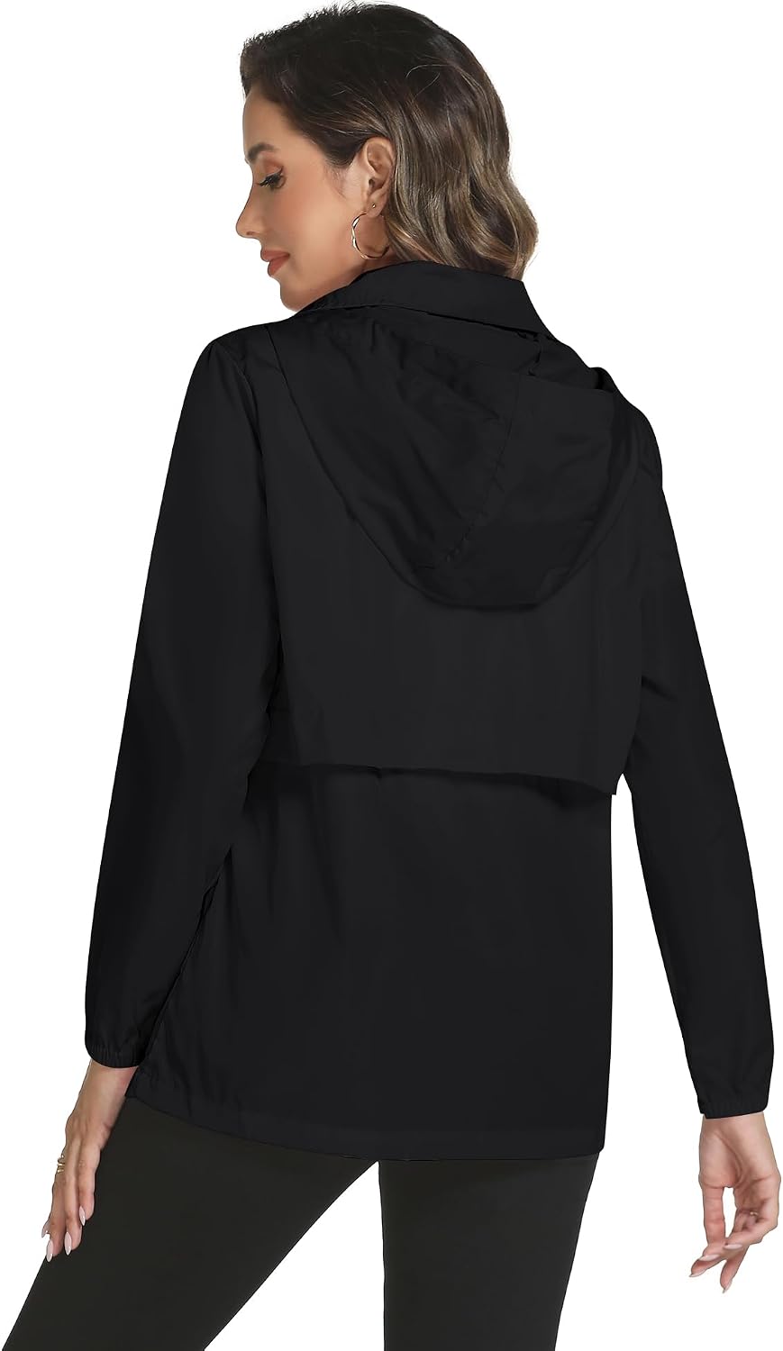 Women's Long Hooded Rain Jacket Waterproof Black