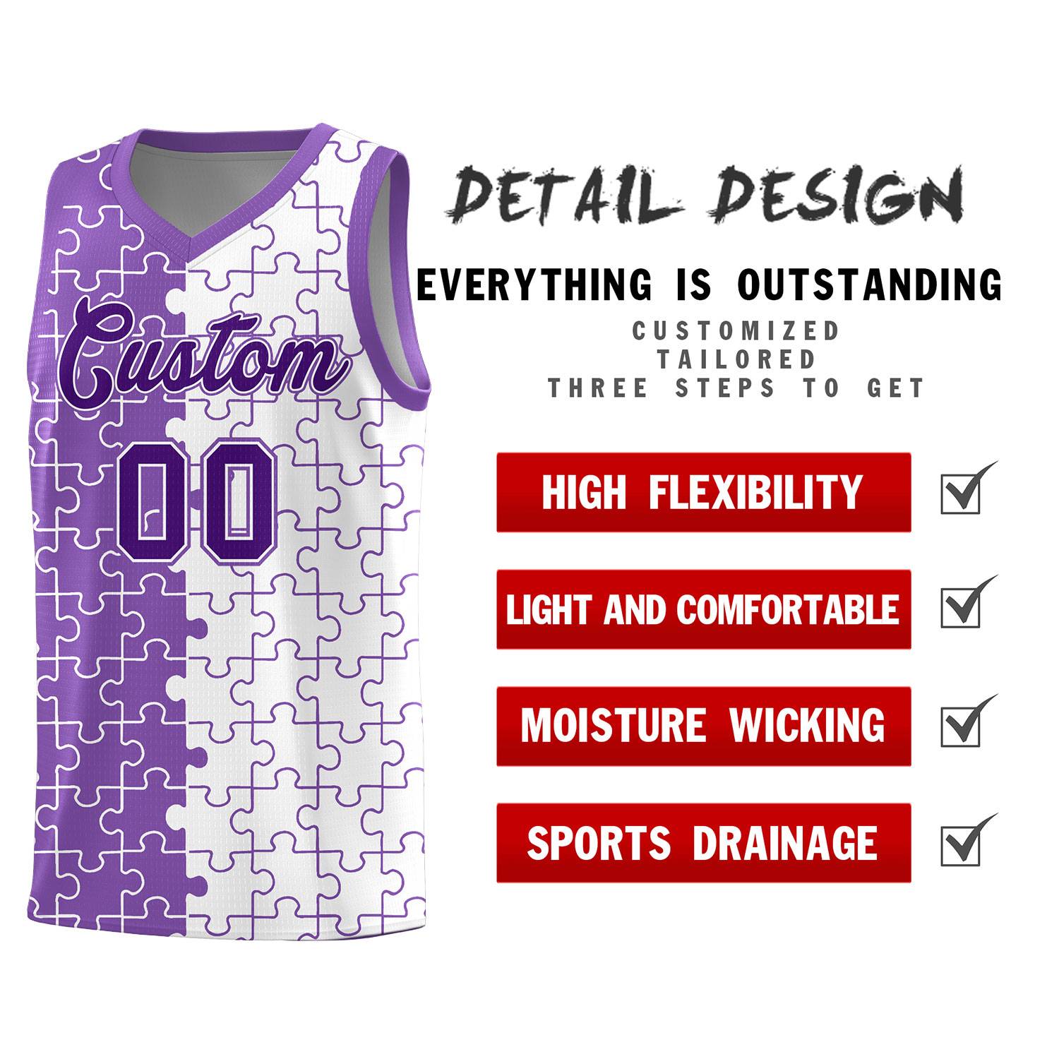 Benutzerdefinierte hellviolette weiße Split-Basketball-Kits mit Puzzle-Muster