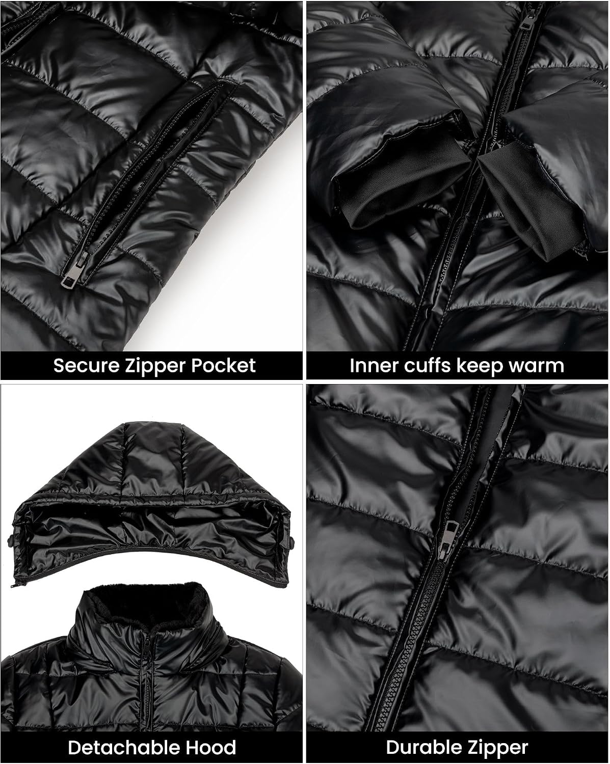 Women's Short Quilted Puffer Jacket Fleece Lined Hood Black