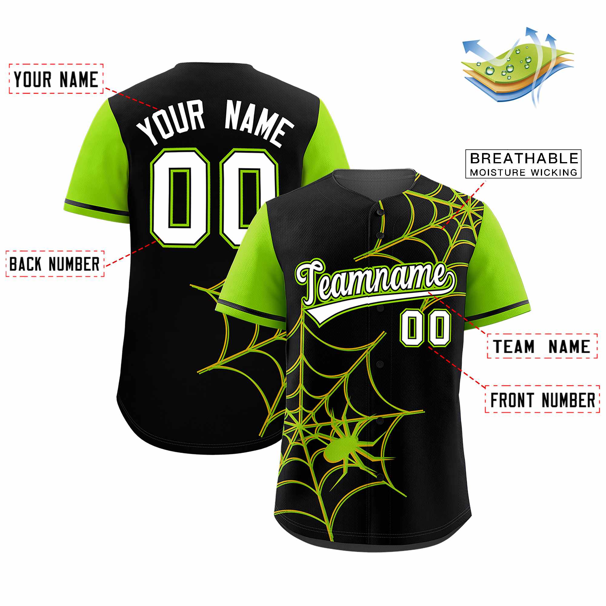 Benutzerdefiniertes Spinnennetz-Muster, Raglanärmel, authentisches Baseball-Trikot