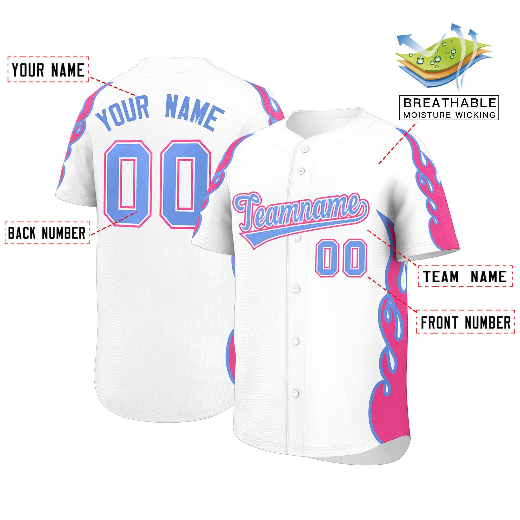 Benutzerdefiniertes Baseball-Trikot mit Seitenflammen-Umrissmuster für Sportuniformen