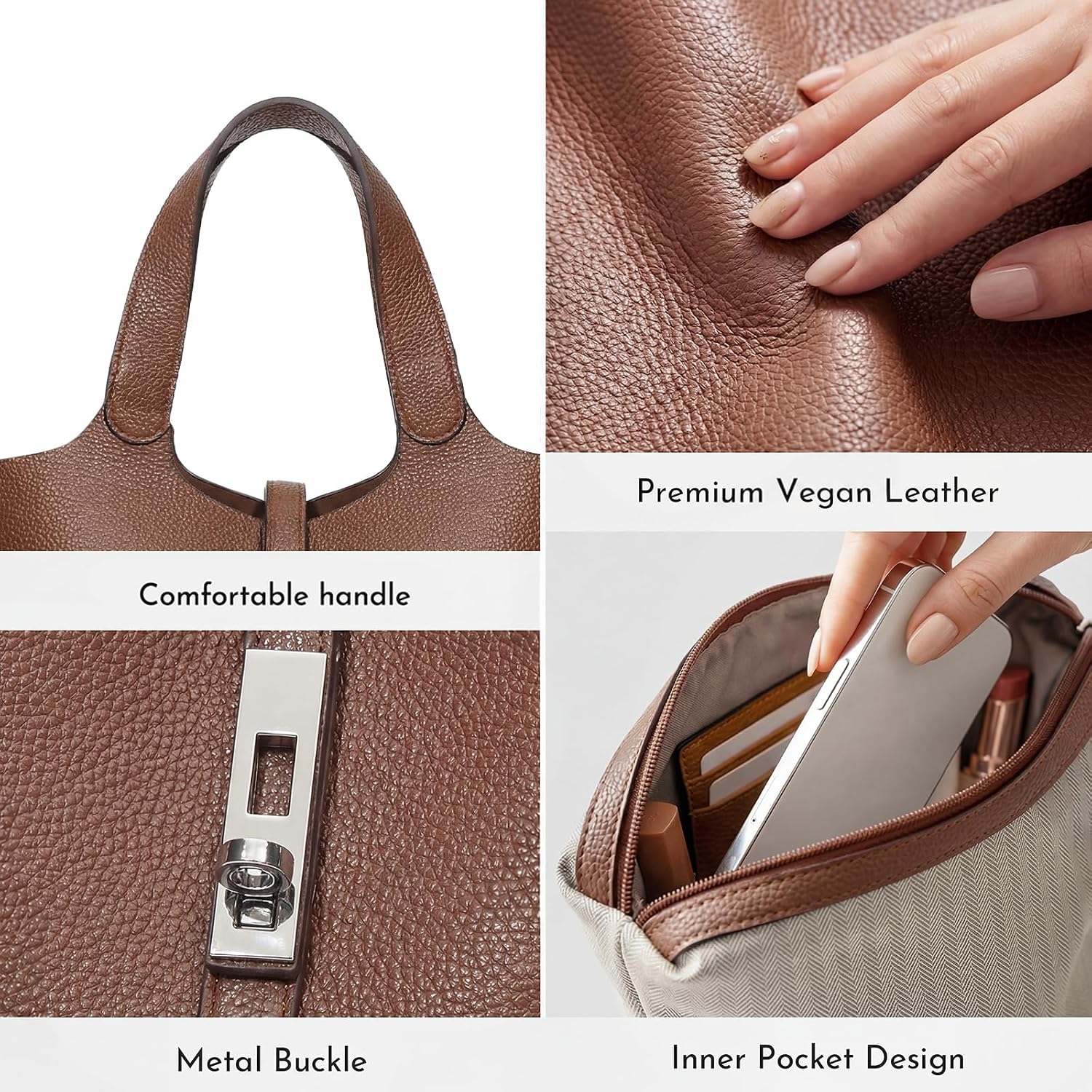 Women's Pebbled Vegan Leather Bucket Tote Bag, Brown Women's Pebbled Vegan Leather Bucket Tote Bag, Brown