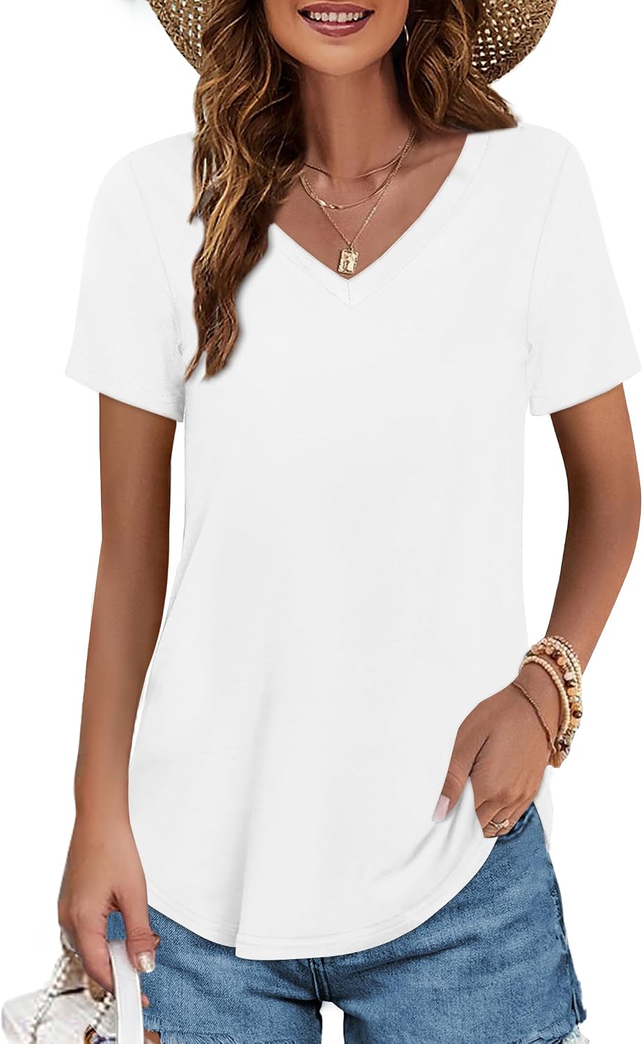 Women's Cotton V Neck Curved Hem T-Shirt White