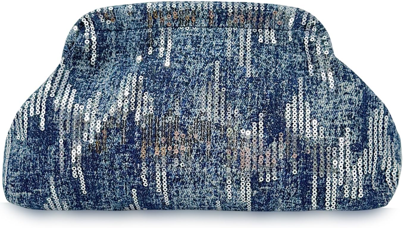Women's Sequin Denim Clutch Purse Sparkly Blue Evening Bag