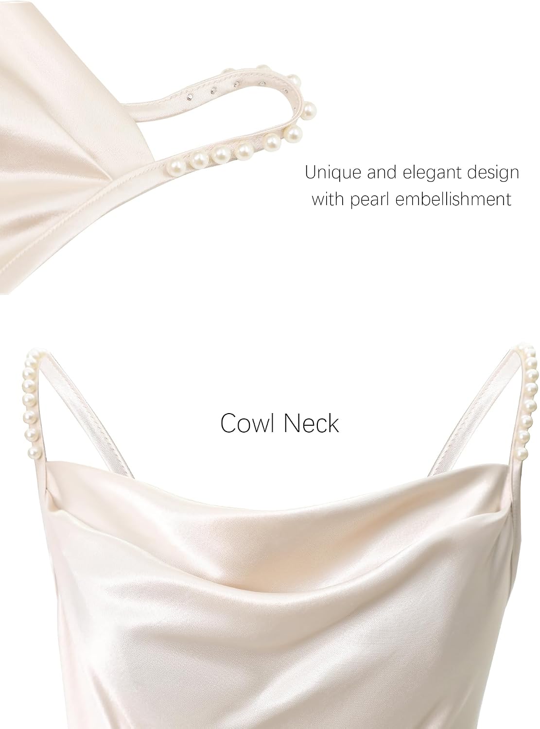 Satin Pearl Slip Dress Cowl Neck Backless Midi with Adjustable Straps Wedding Guest Bridesmaid Cocktail Party Gown