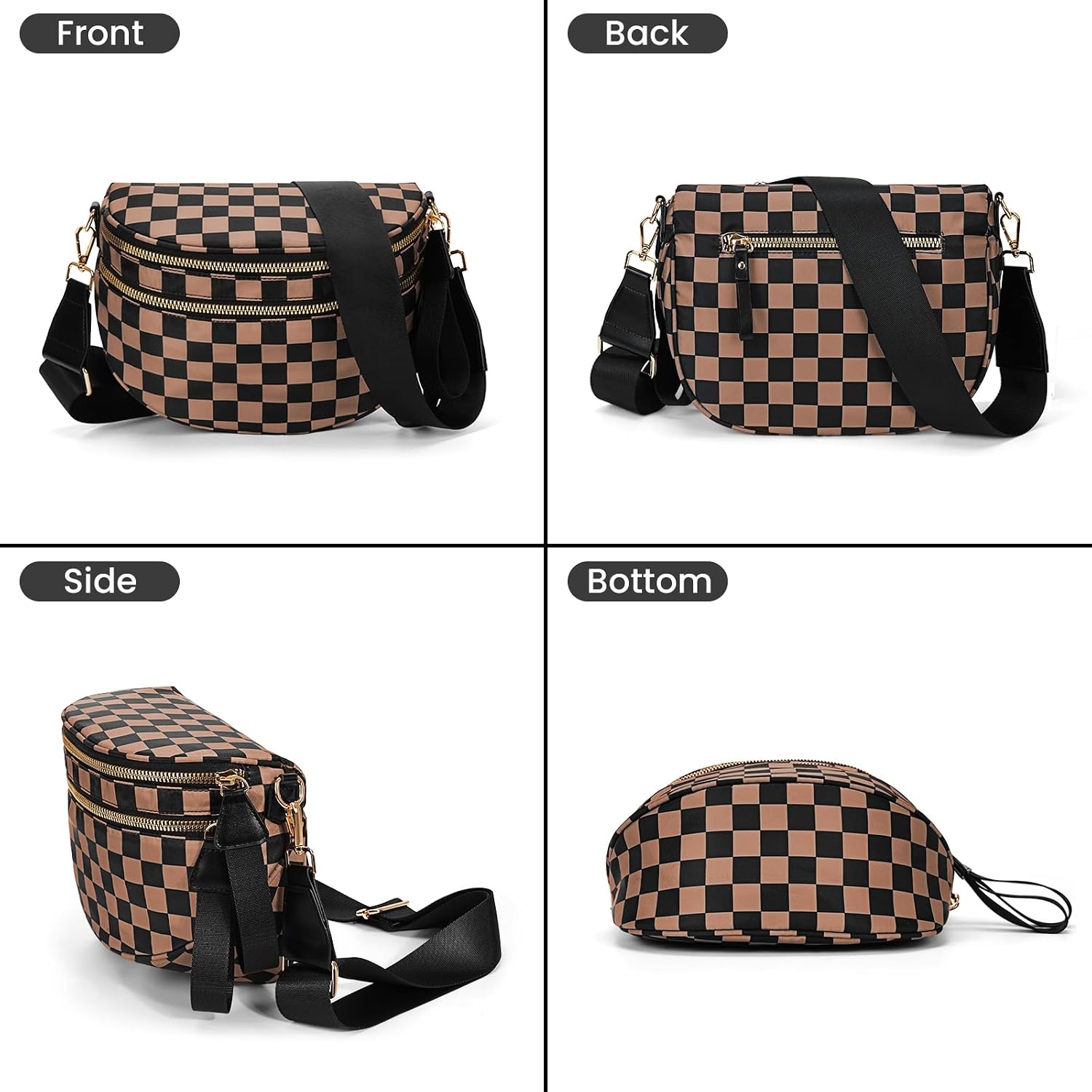 Women's Checkered Nylon Crossbody Bum Bag with Wide Strap
