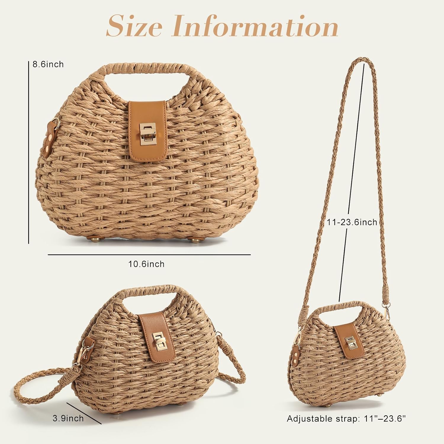 Women's Straw Woven Crossbody Bag with Turn Lock Closure