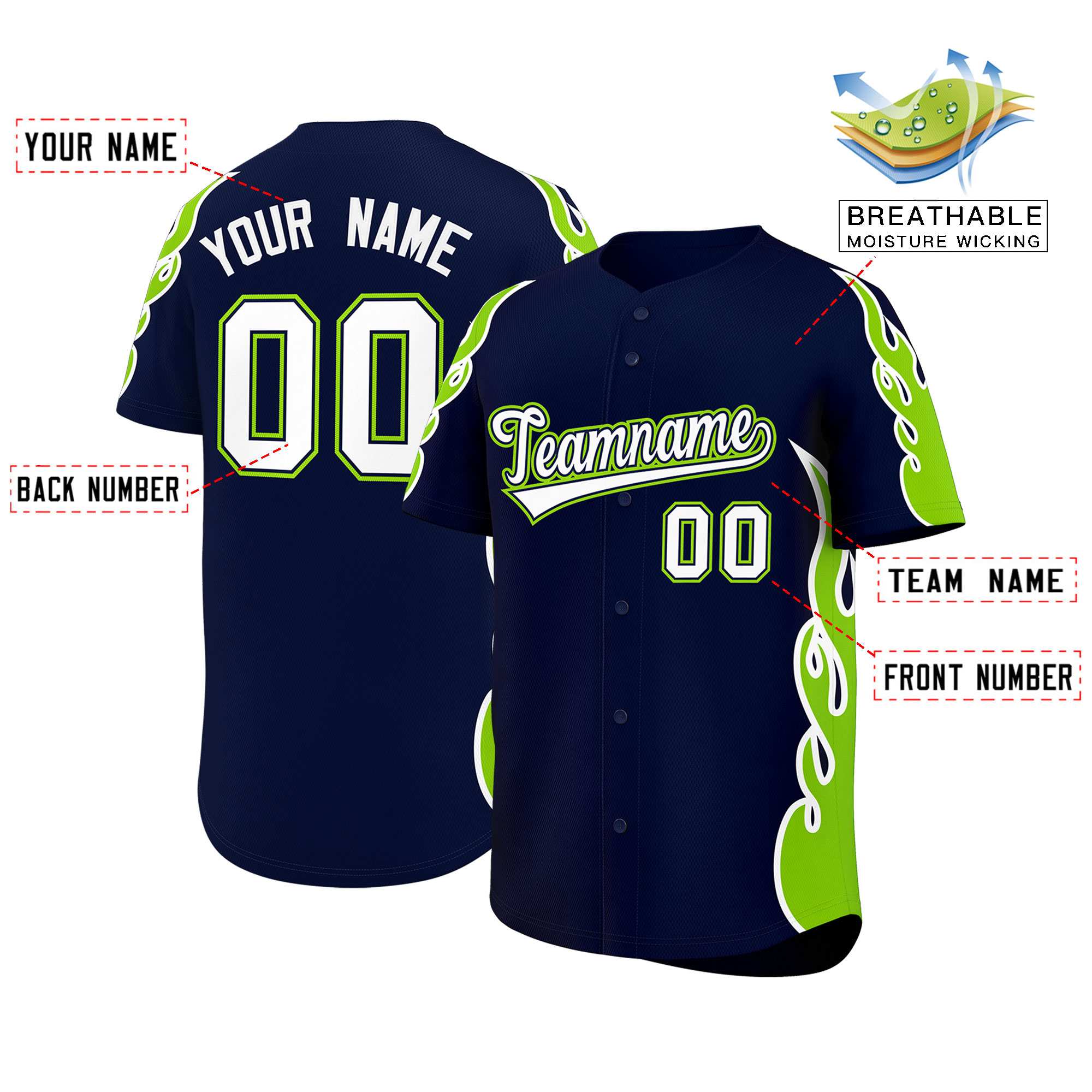 Benutzerdefiniertes Baseball-Trikot mit Seitenflammen-Umrissmuster für Sportuniformen