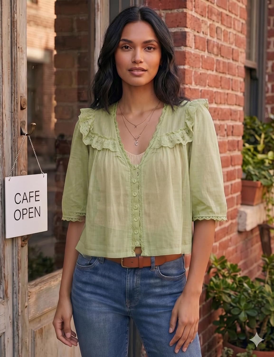 Women's Lace Trim Crop Blouse V Neck Sage Green Women's Lace Trim Crop Blouse V Neck Sage Green