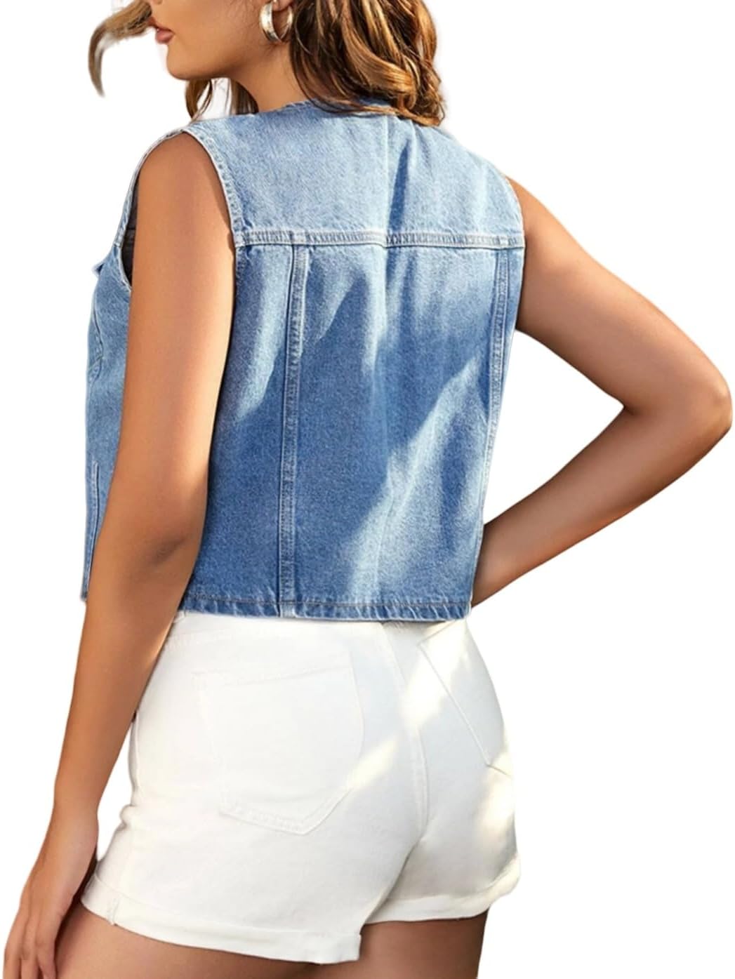 Women's Cropped Denim Vest V Neck Button Jean Waistcoat